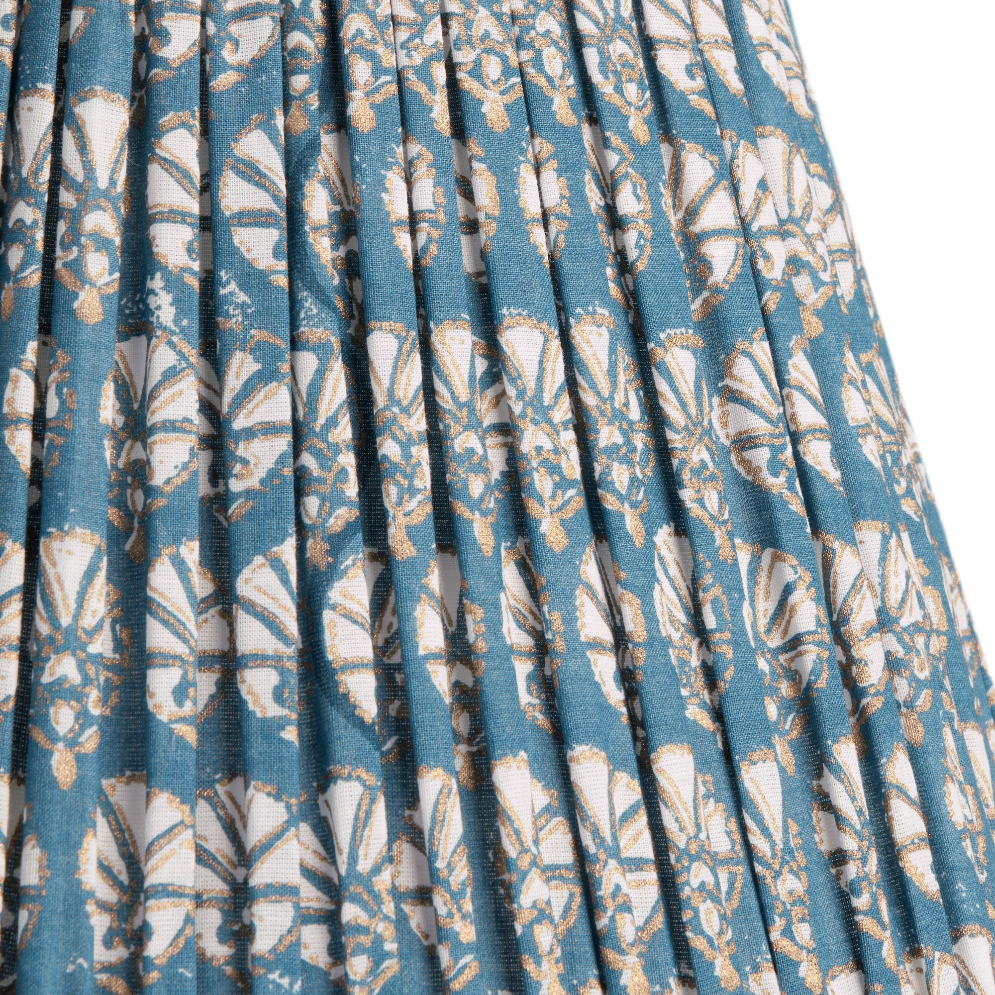 25cm empire gathered lampshade in Turkish blue dervish block printed cotton