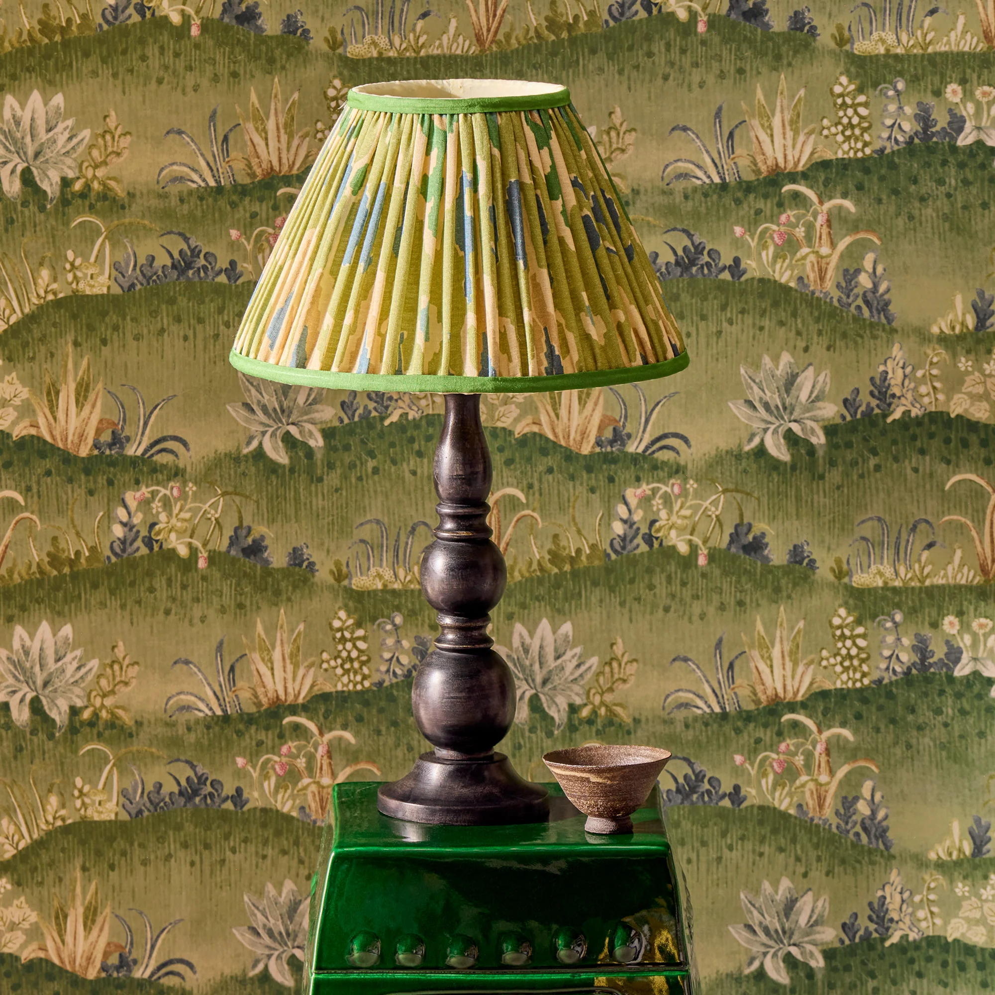 25cm empire shade in green blue Bokhara gathered linen by GP & J Baker - Image 5