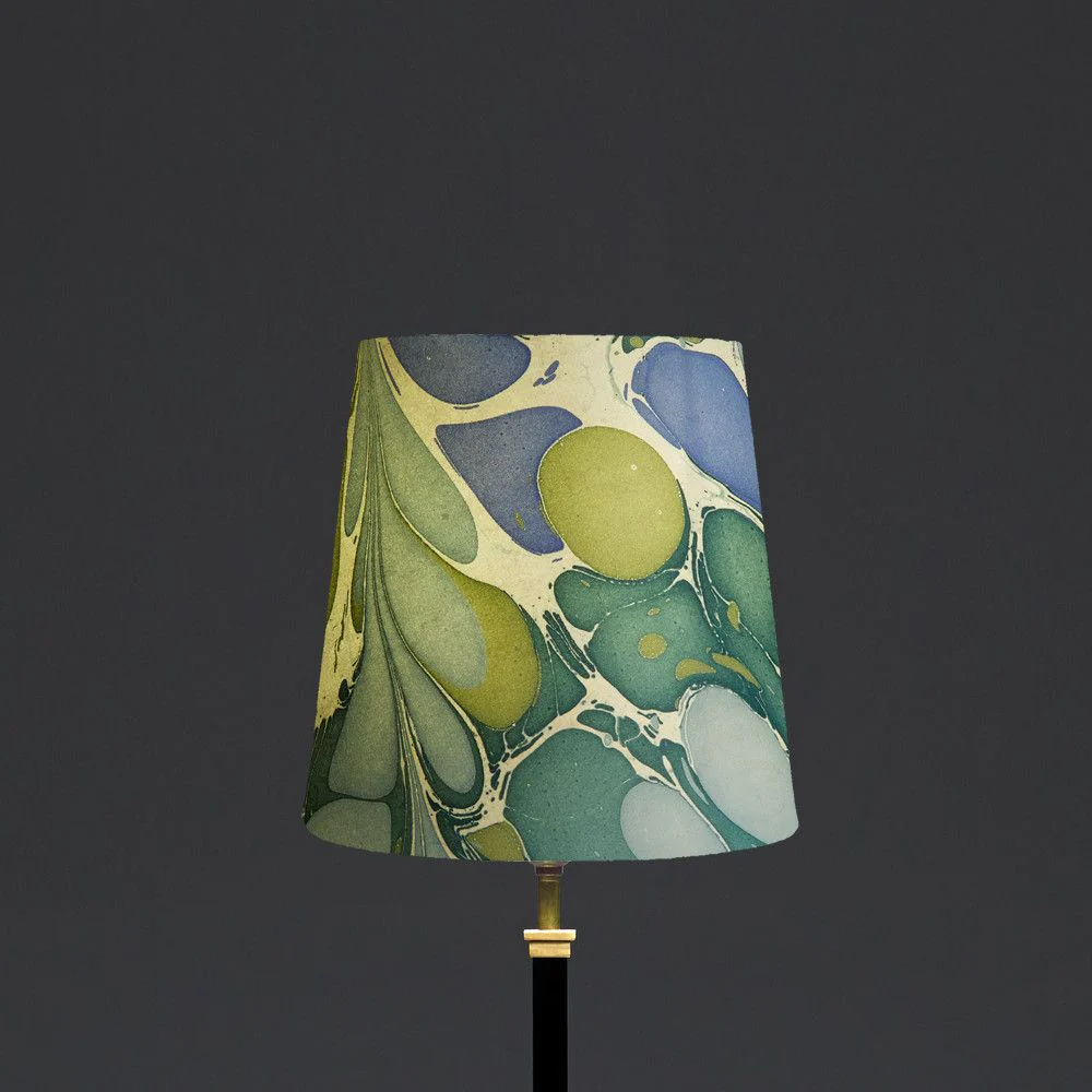 25cm Tall Tapered hand made marbled paper shade in green and blue roya - Image 4