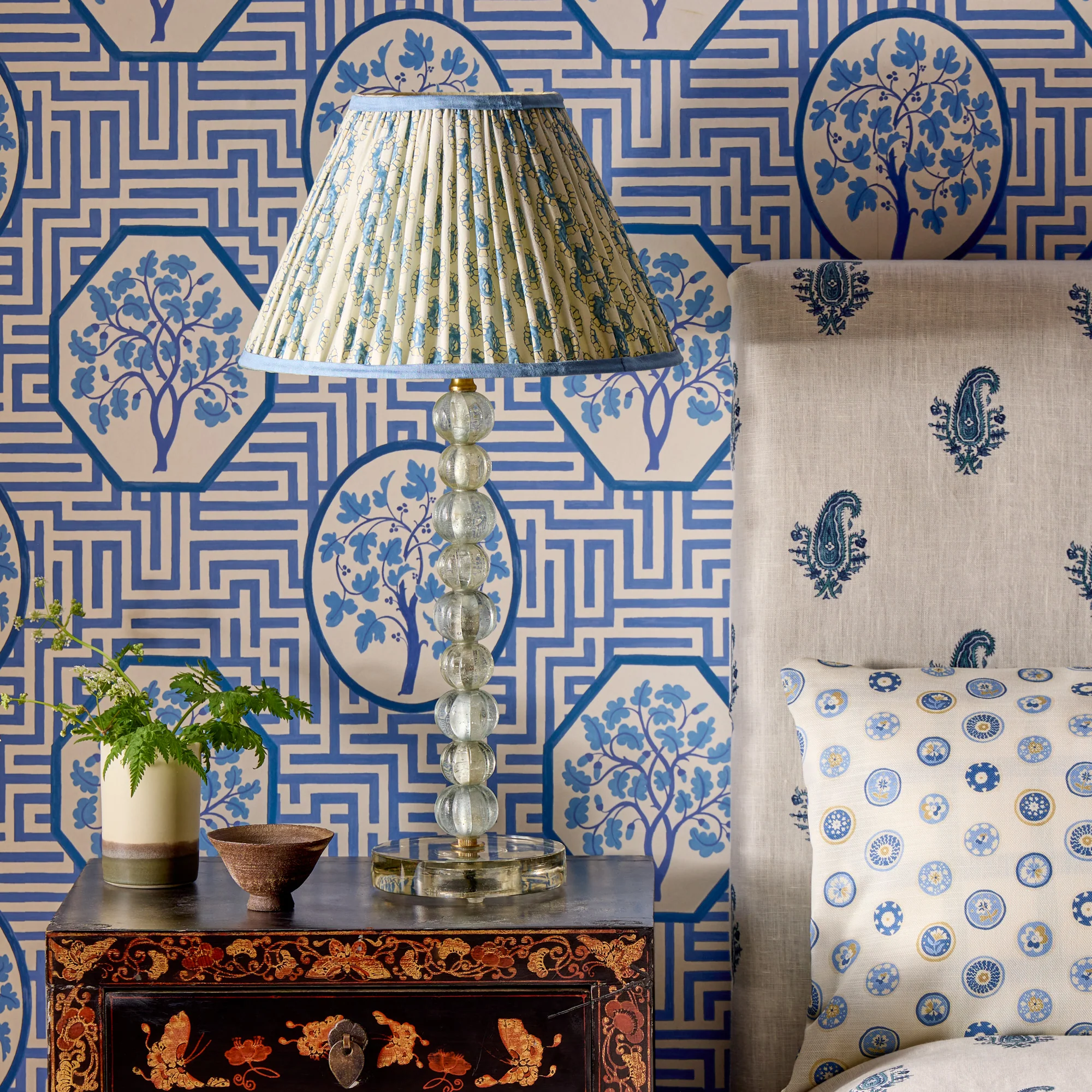 30cm empire shade in blue and white block printed Dotty gathered cotton by GP & J Baker - Image 5
