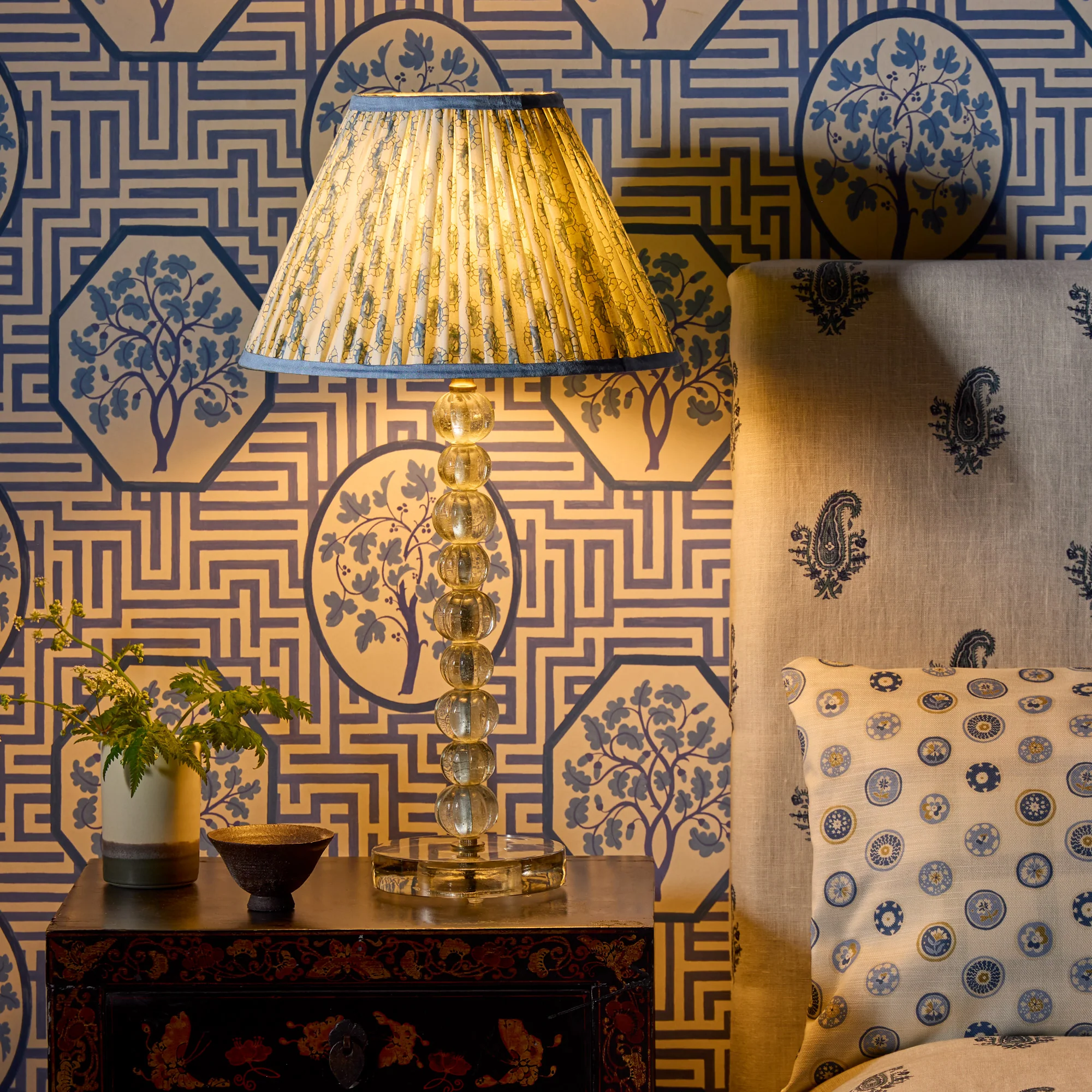 30cm empire shade in blue and white block printed Dotty gathered cotton by GP & J Baker - Image 6