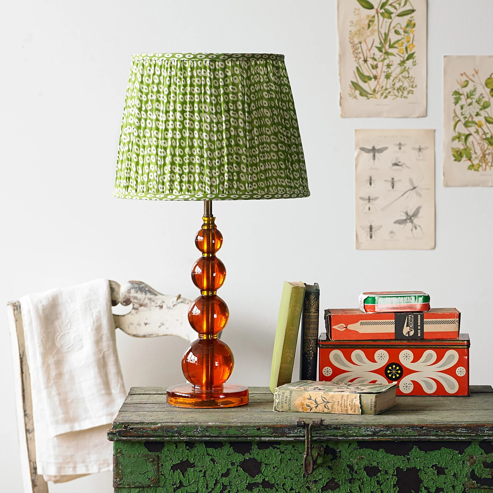 30cm straight empire gathered lampshade in green block printed cotton - Image 4