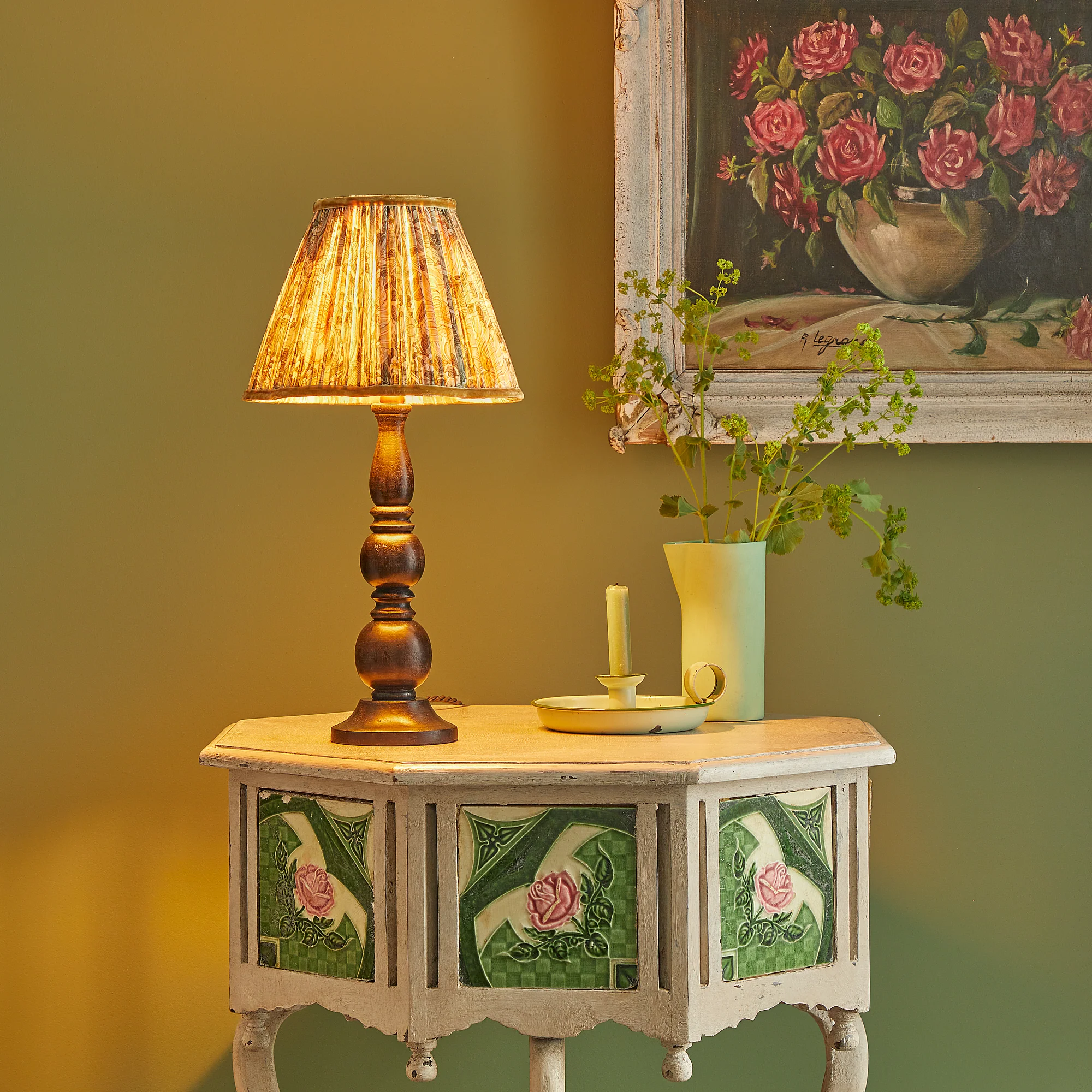 35cm scalloped tall tapered shade in bay leaf & manilla silk Pimpernel by Morris & Co. - Image 6
