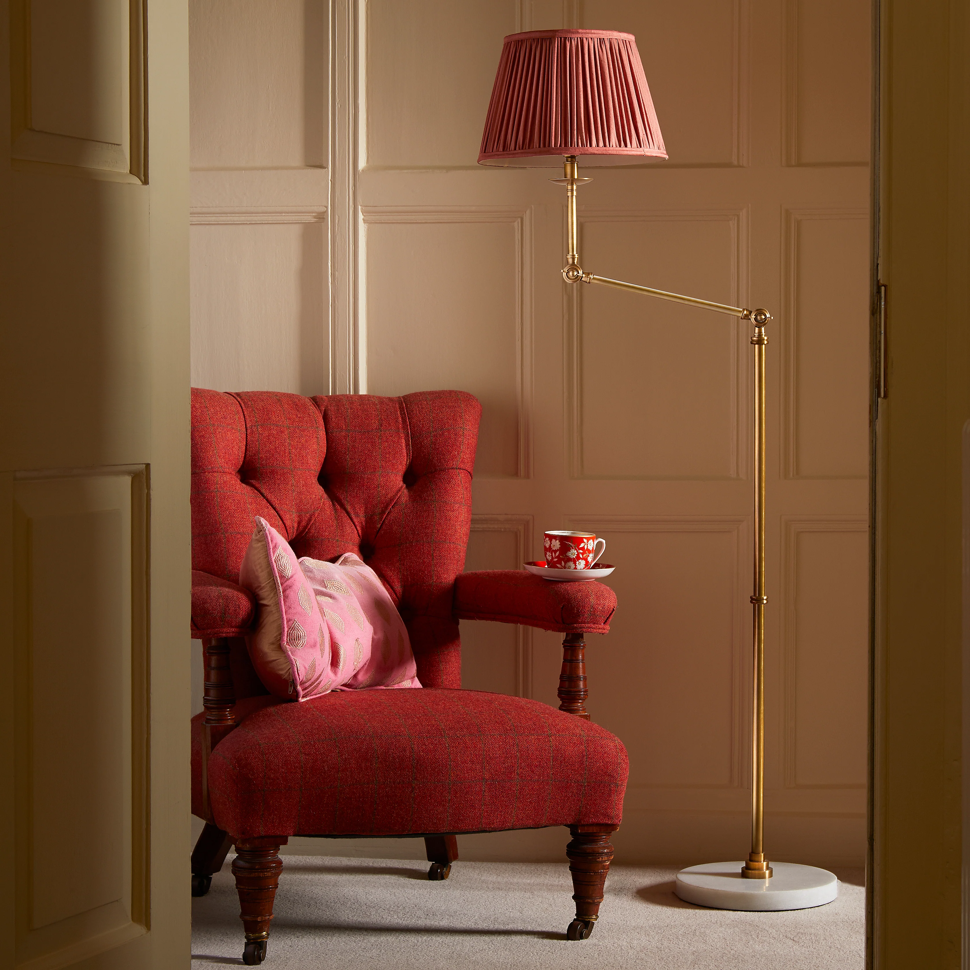 35cm straight empire gathered lampshade in coral silk - Image 4