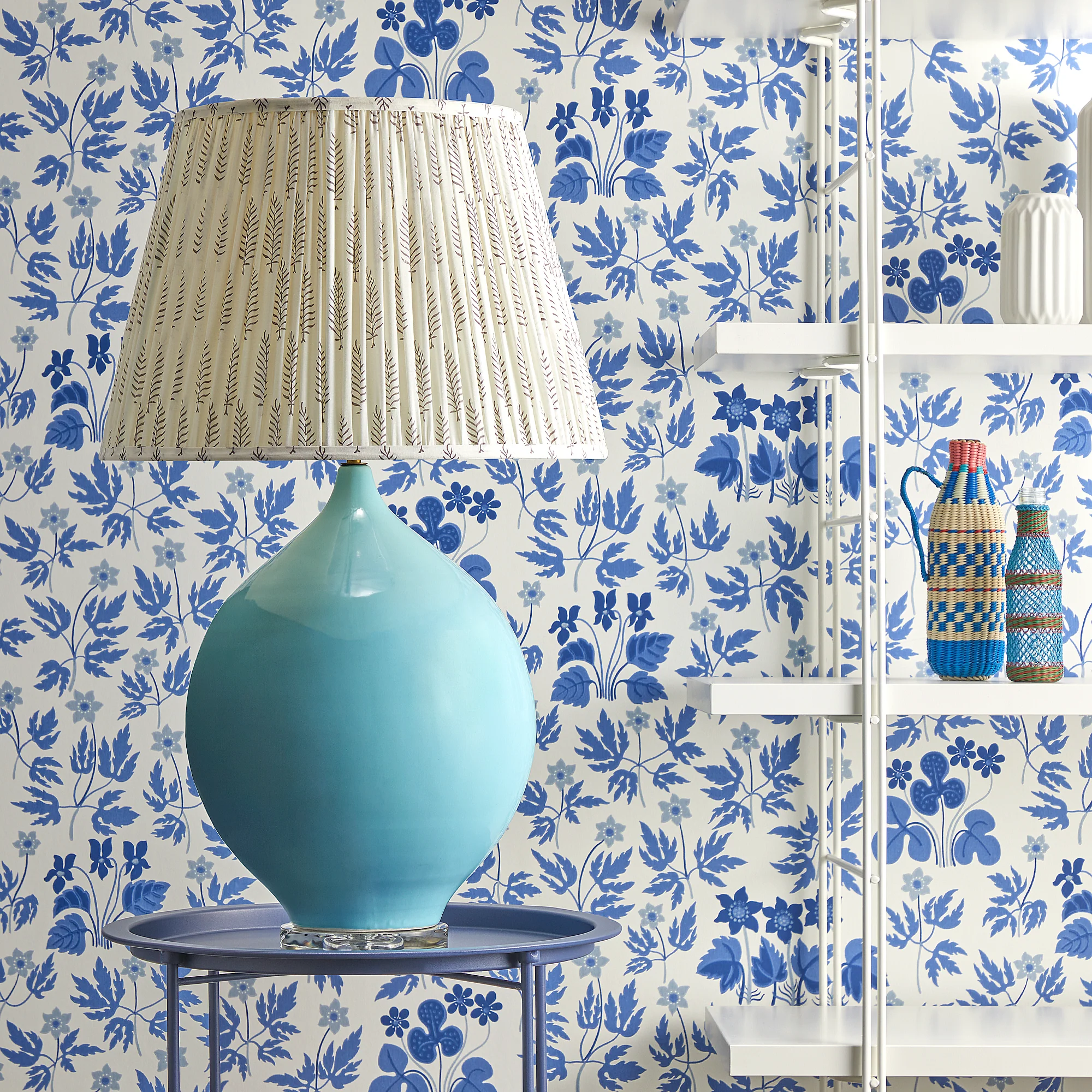 35cm straight empire gathered lampshade in grey ferns block printed cotton - Image 4