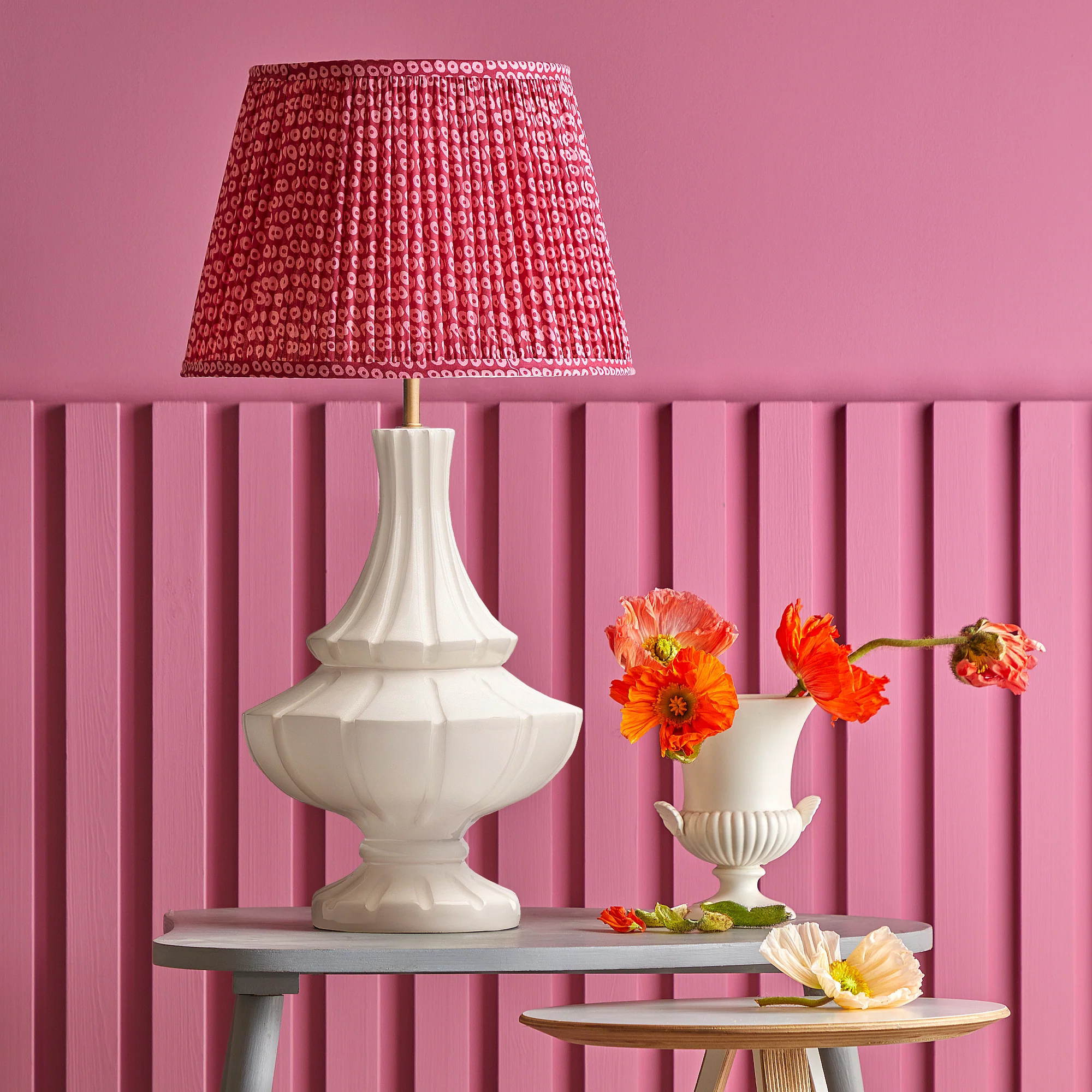 35cm straight empire gathered lampshade in pink block printed cotton - Image 4