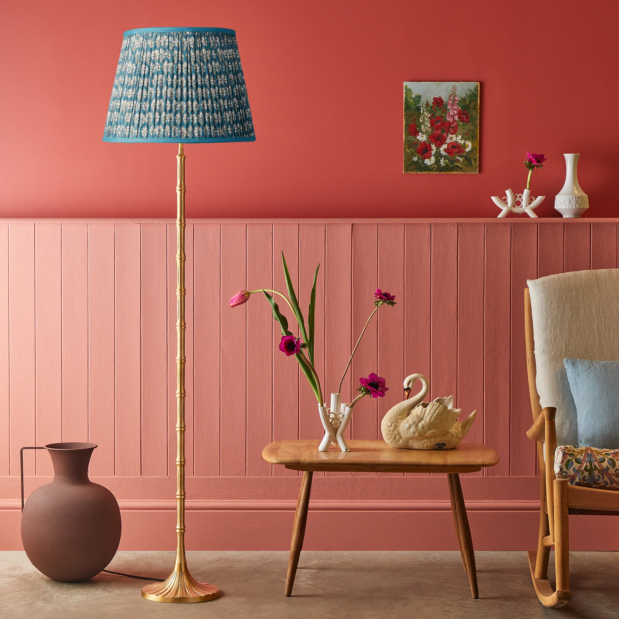 35cm straight empire gathered lampshade in Turkish blue dervish block printed cotton - Image 4