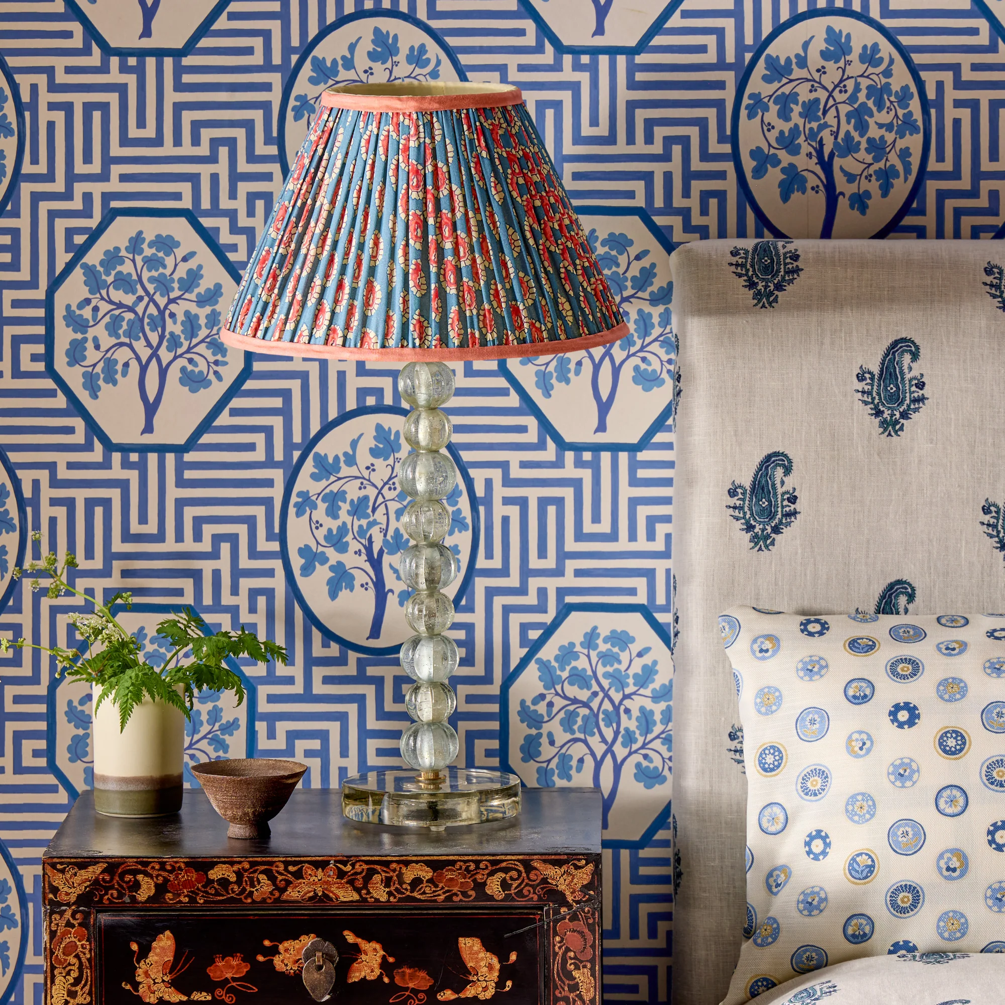 35cm straight empire shade in blue and red block printed Dotty gathered cotton by GP & J Baker - Image 5