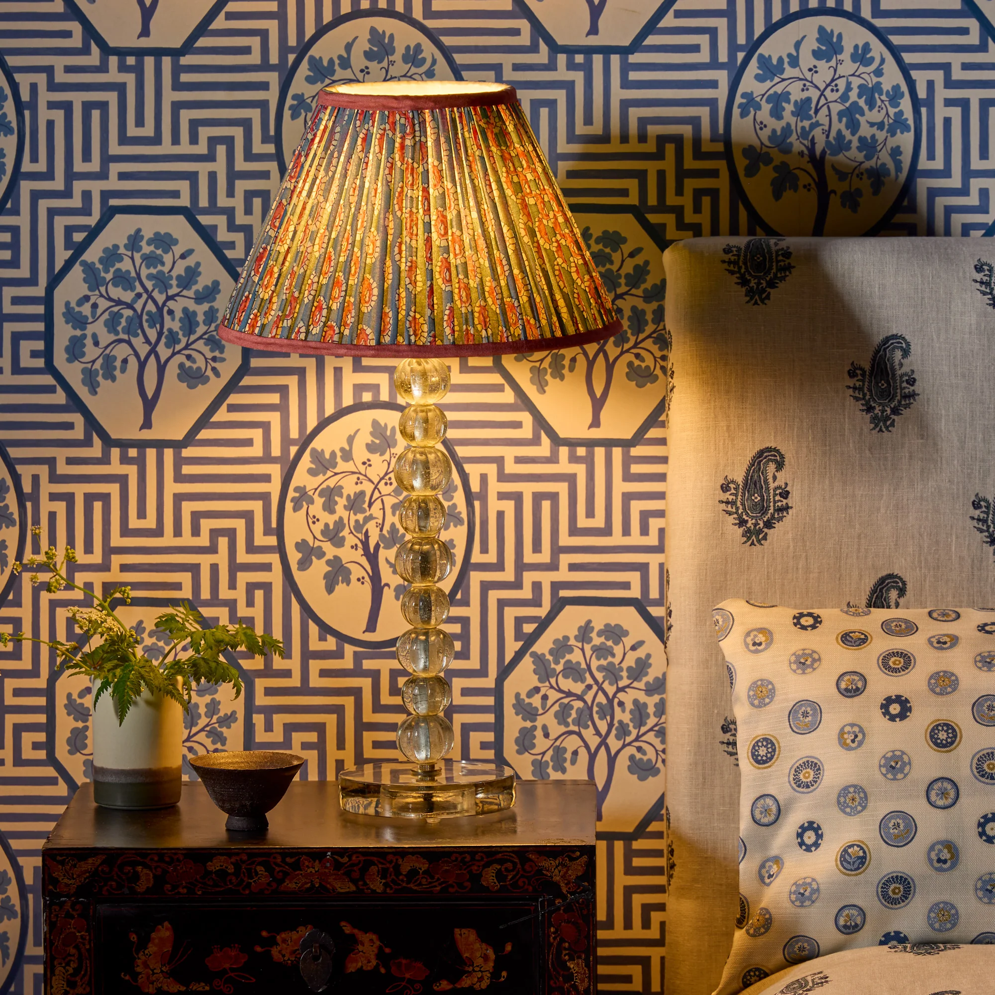 35cm straight empire shade in blue and red block printed Dotty gathered cotton by GP & J Baker - Image 6