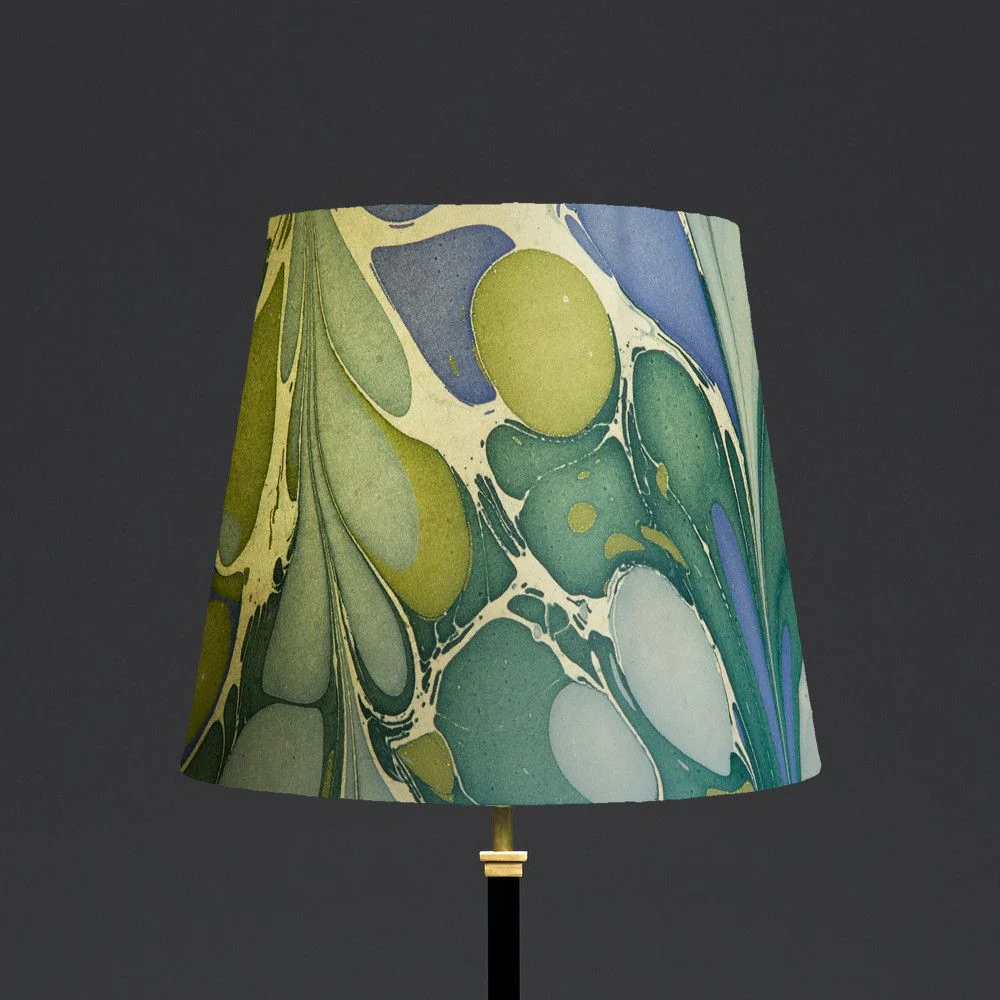 35cm Tall Tapered hand made marbled paper shade in green and blue roya - Image 4