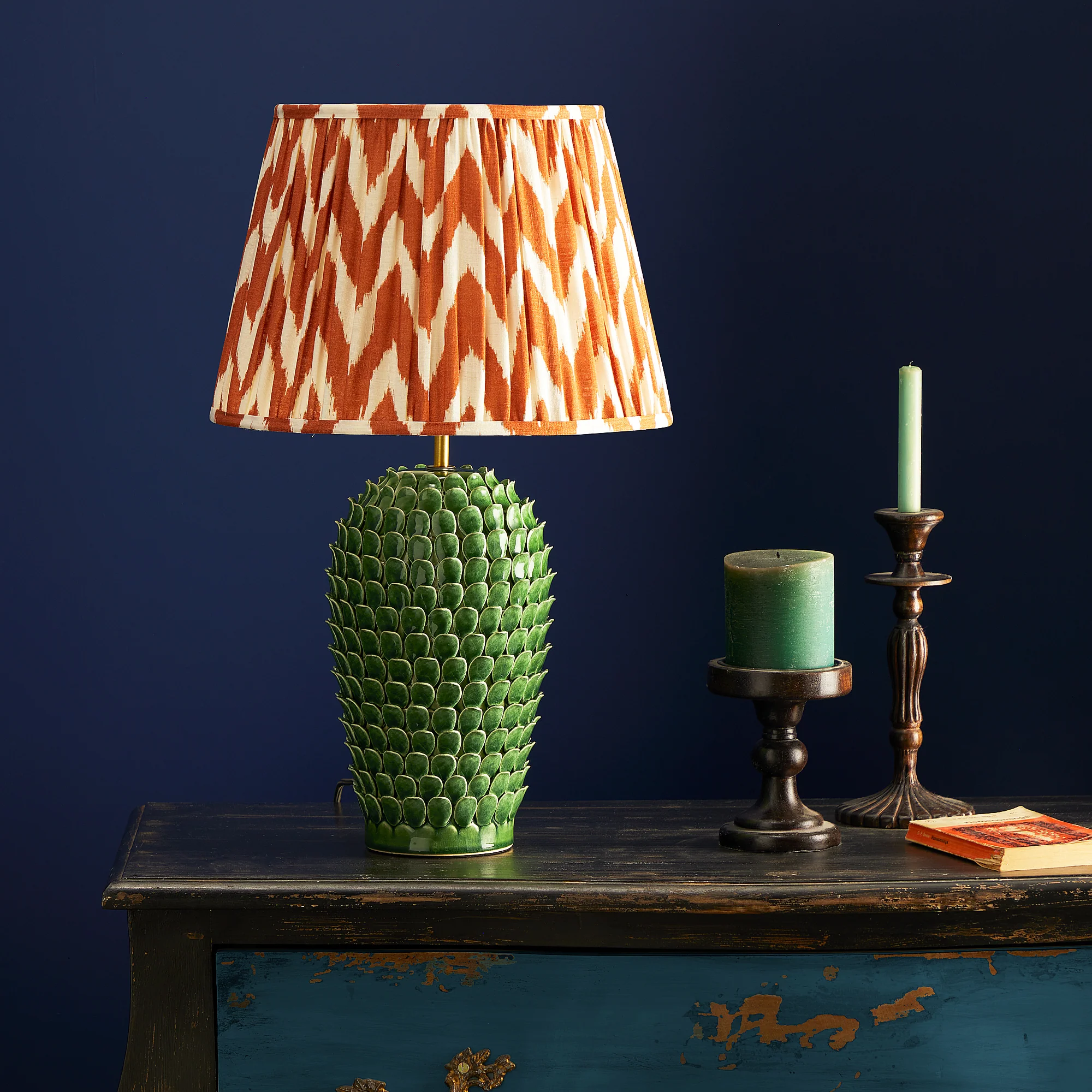 40cm straight empire gathered lampshade in orange printed linen ikat - Image 4