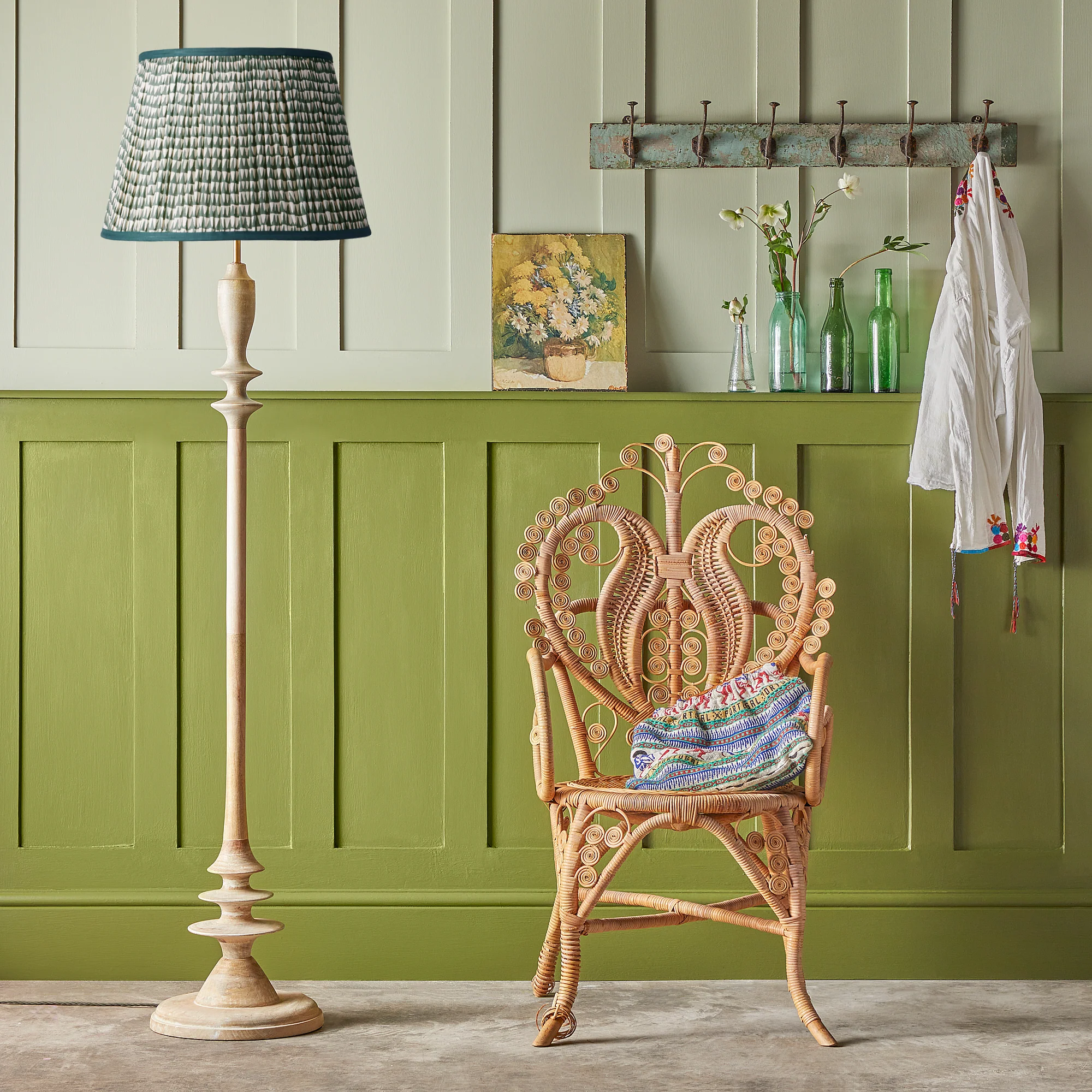 45cm straight empire gathered lampshade in teal savannah block printed cotton - Image 4
