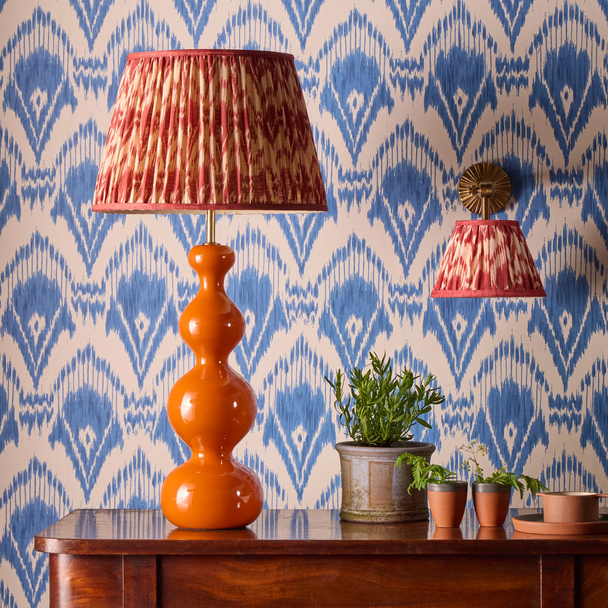 45cm straight empire shade in red Zaraband gathered linen by GP & J Baker - Image 5