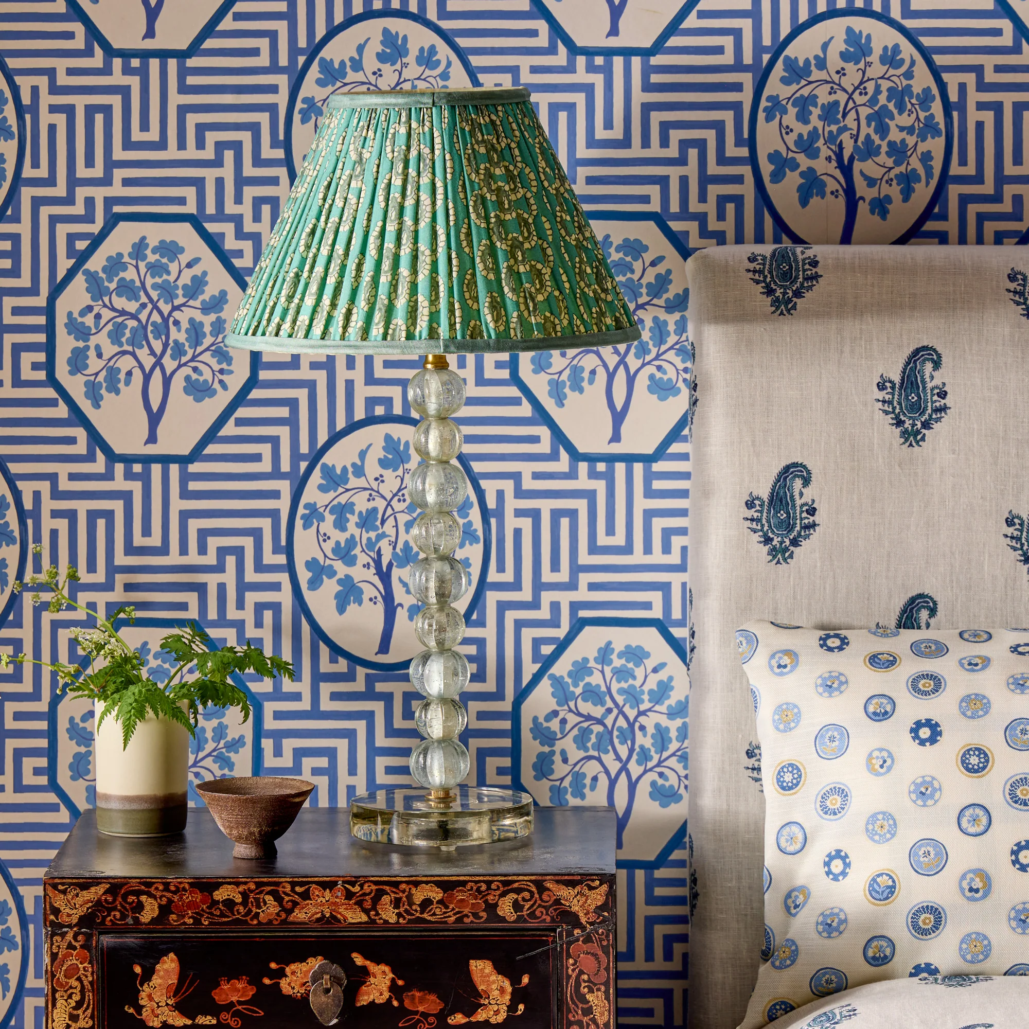 50cm straight empire shade with adjustable gimbal in aqua block printed Dotty gathered cotton by GP & J Baker - Image 5