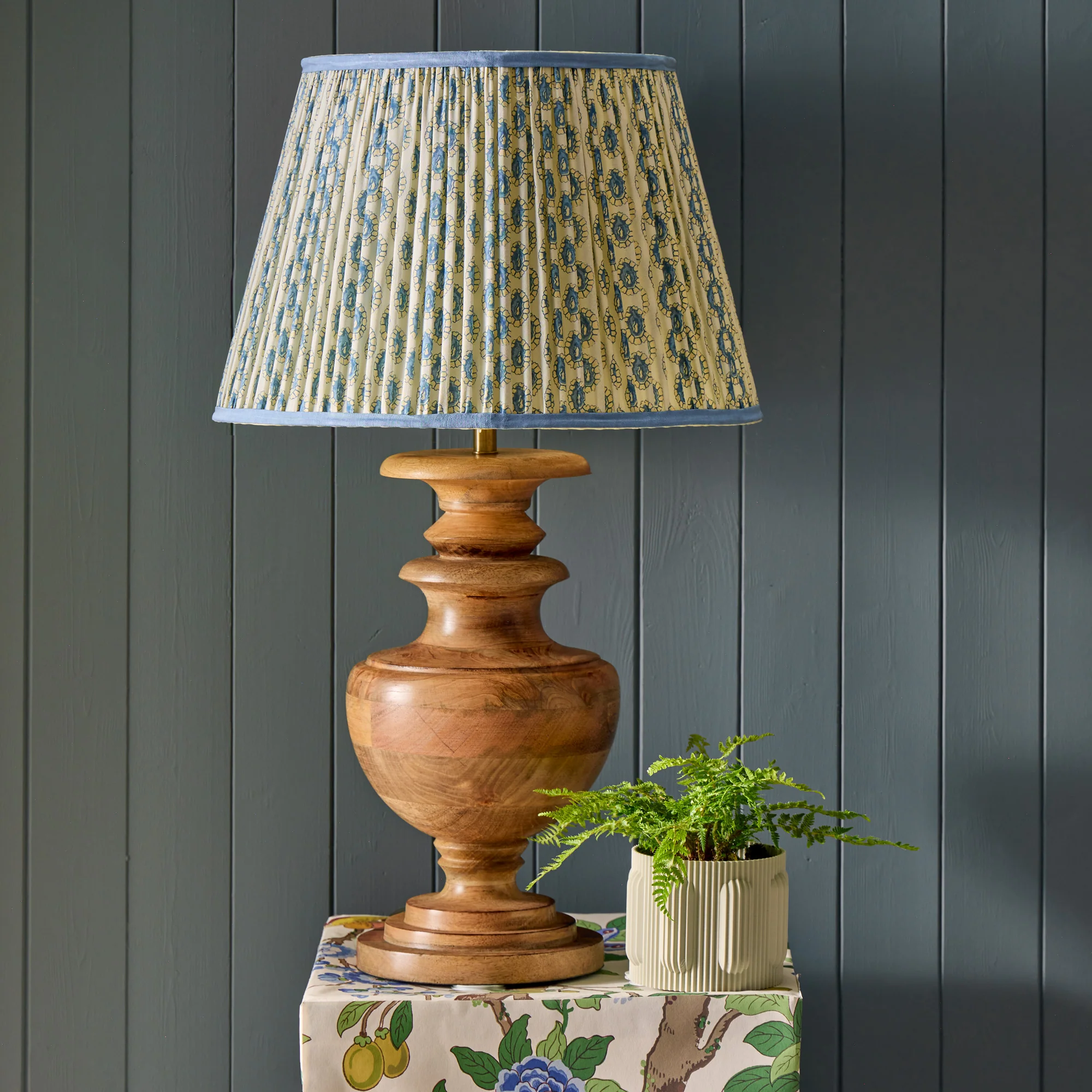 50cm straight empire shade with adjustable gimbal in blue and white block printed Dotty gathered cotton by GP & J Baker - Image 5