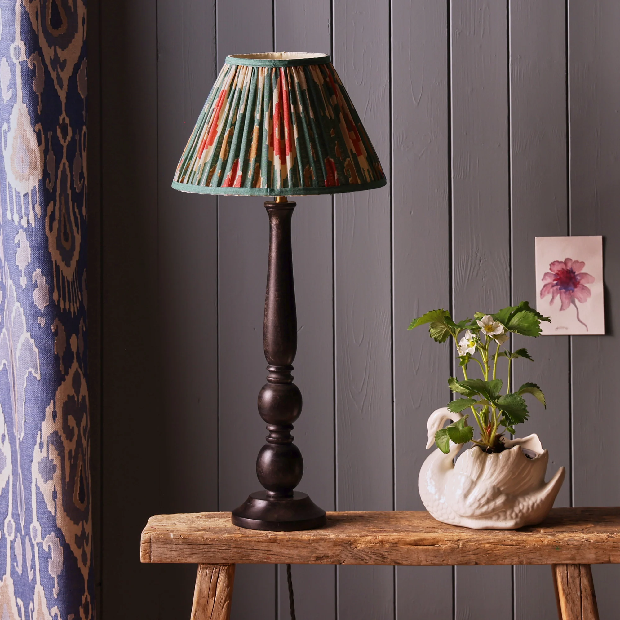 50cm tapered drum shade with adjustable gimbal in red aqua Bokhara gathered linen by GP & J Baker - Image 5