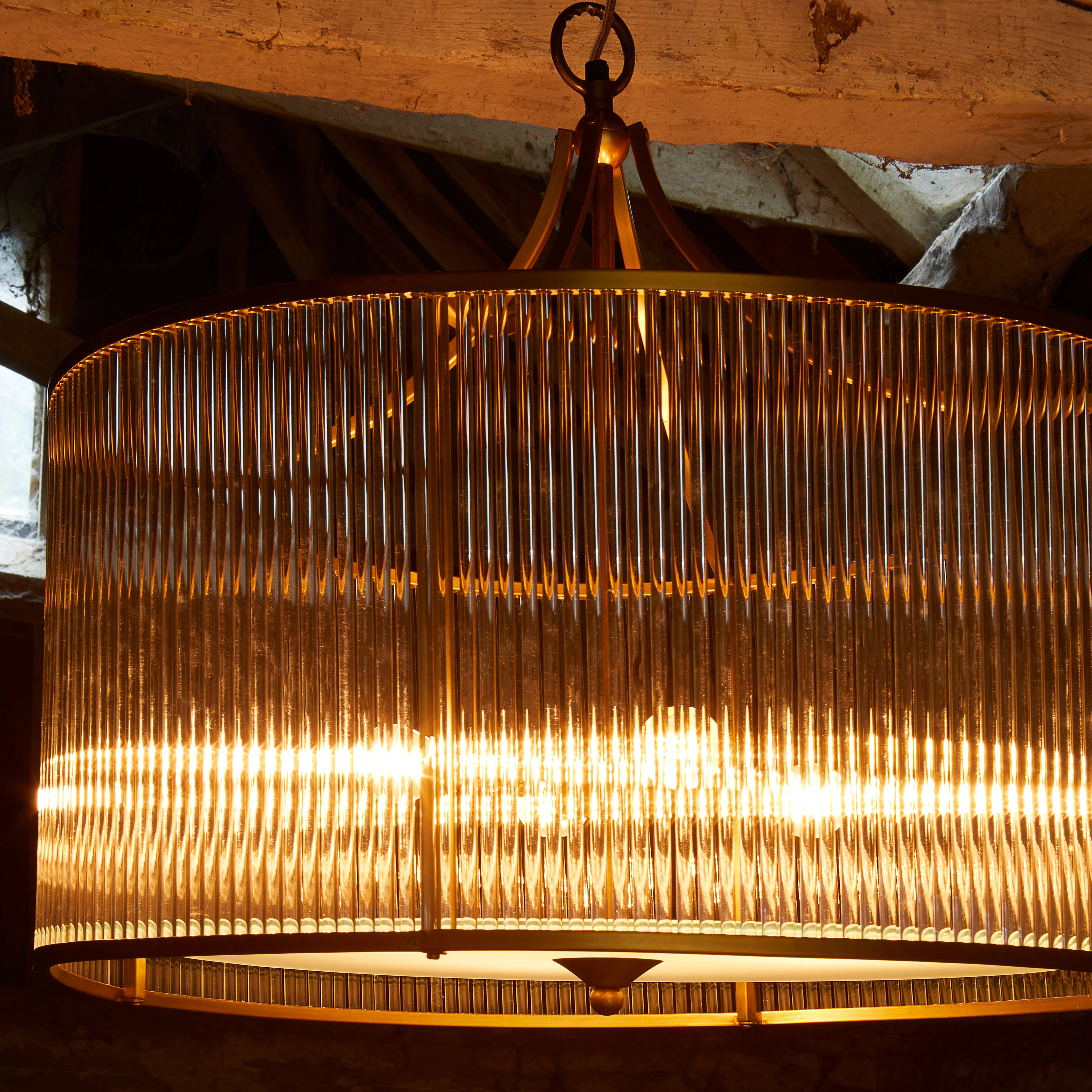 Artemis circular chandelier in brass with glass rods and frosted glass baffle - Image 7