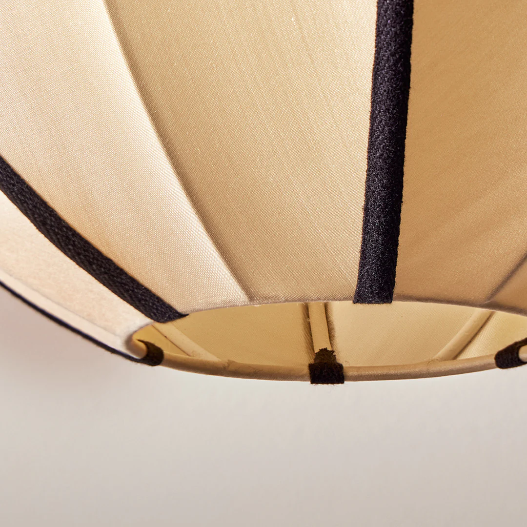 Classic round space pendant shade in taupe silk with black tape - Image 10