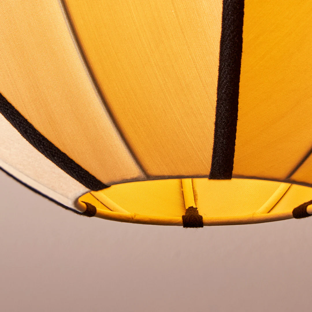 Classic round space pendant shade in taupe silk with black tape - Image 11