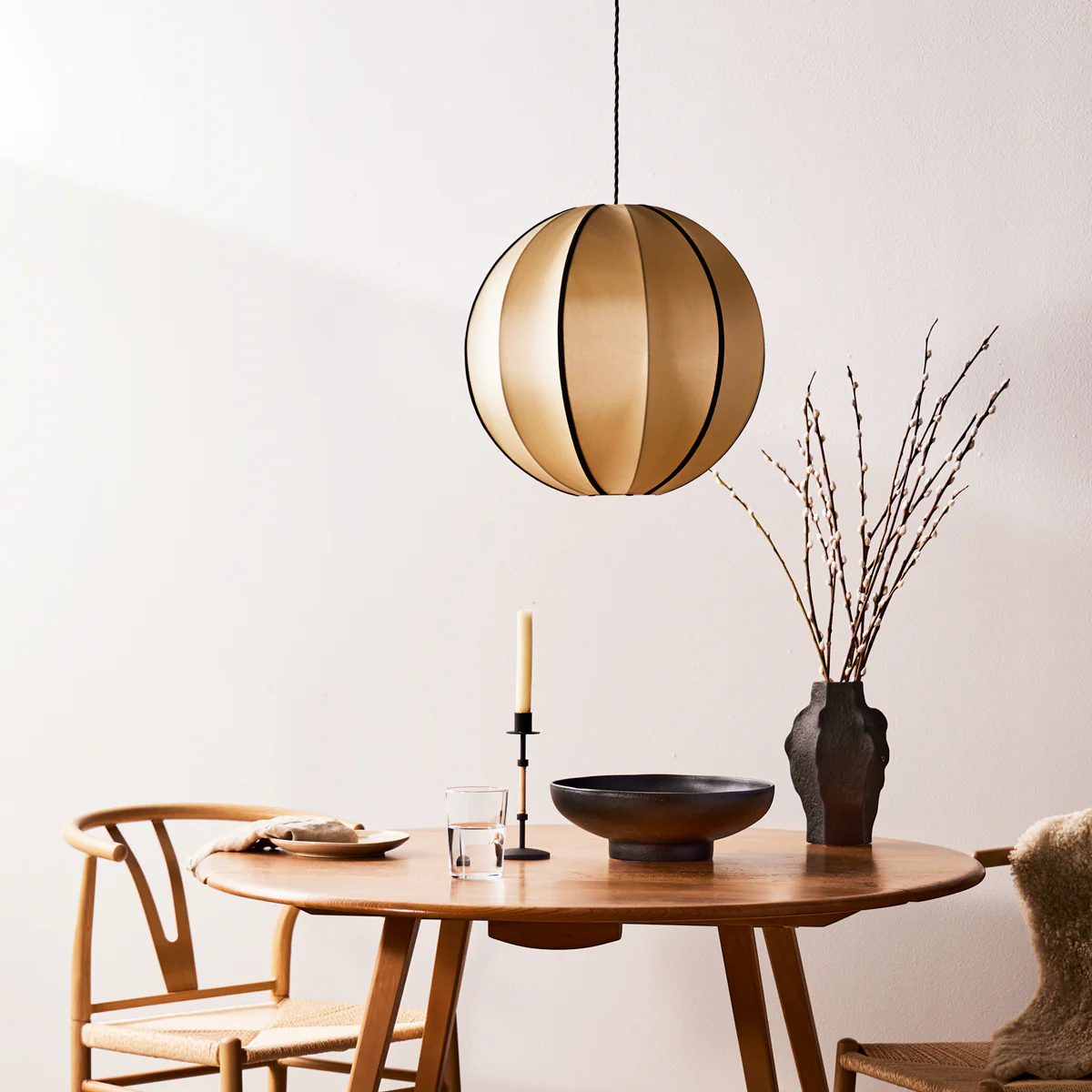 Classic round space pendant shade in taupe silk with black tape - Image 2