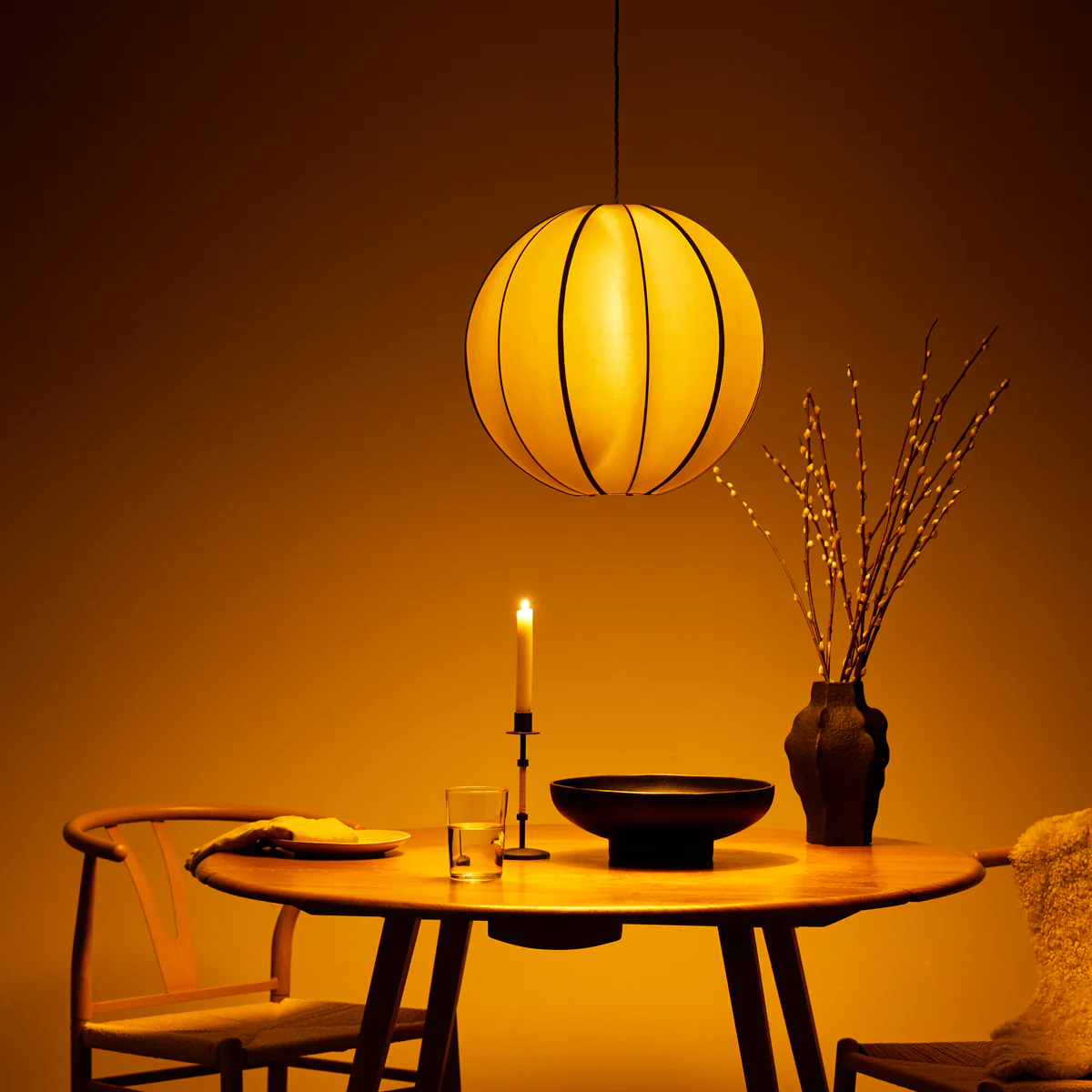 Classic round space pendant shade in taupe silk with black tape - Image 3