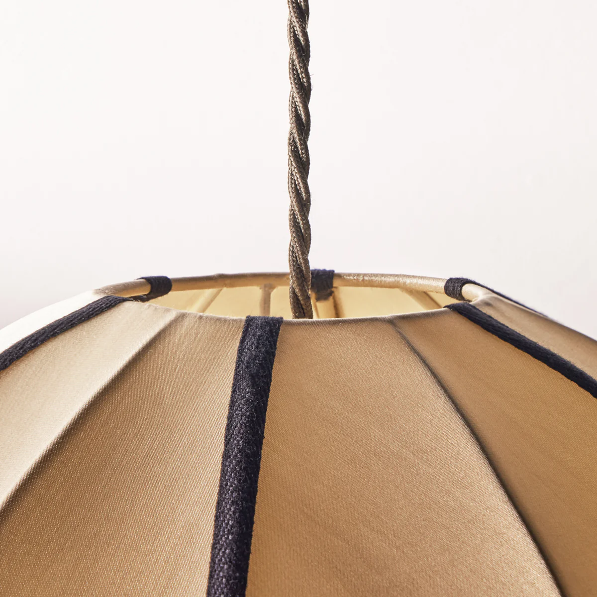 Classic round space pendant shade in taupe silk with black tape - Image 4