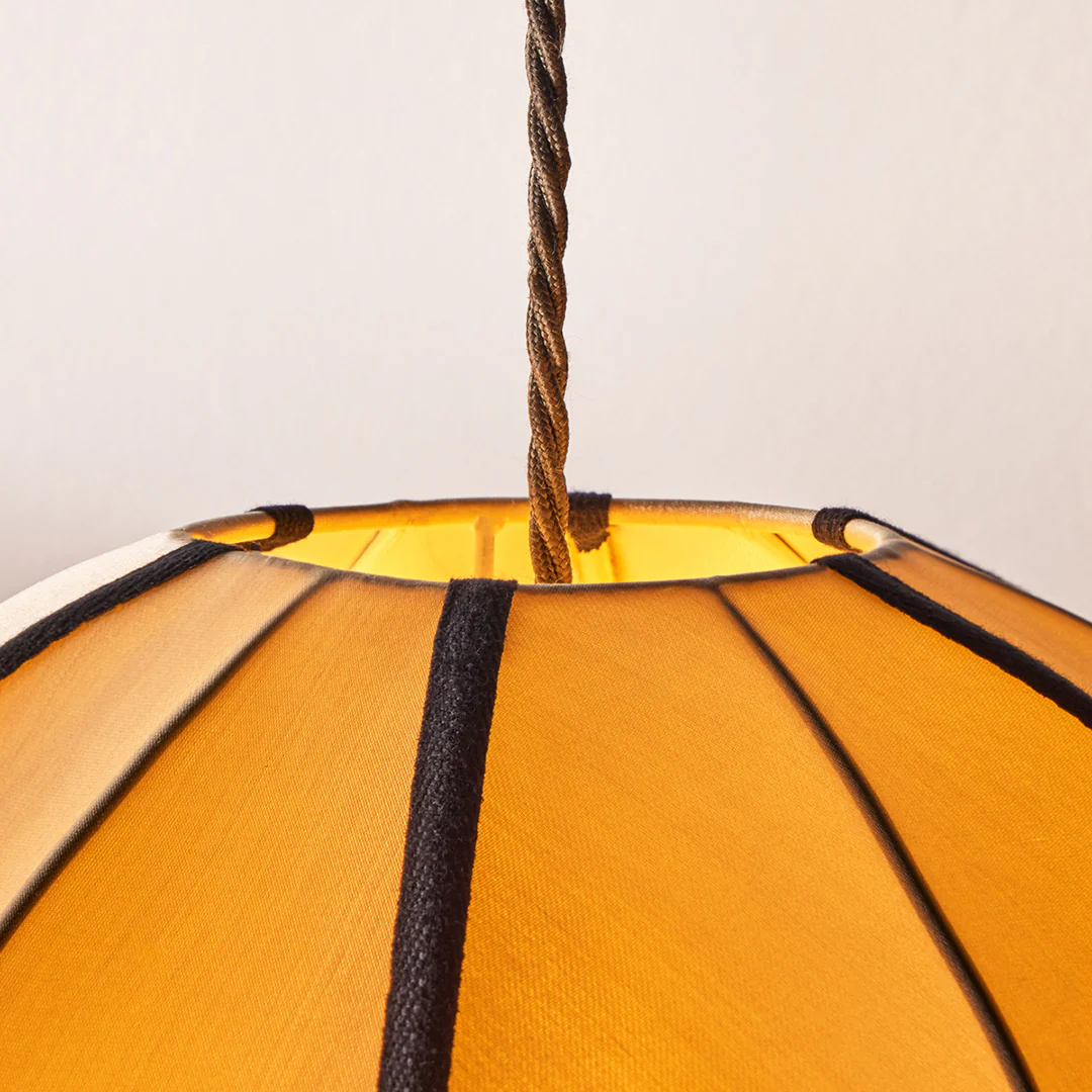 Classic round space pendant shade in taupe silk with black tape - Image 5