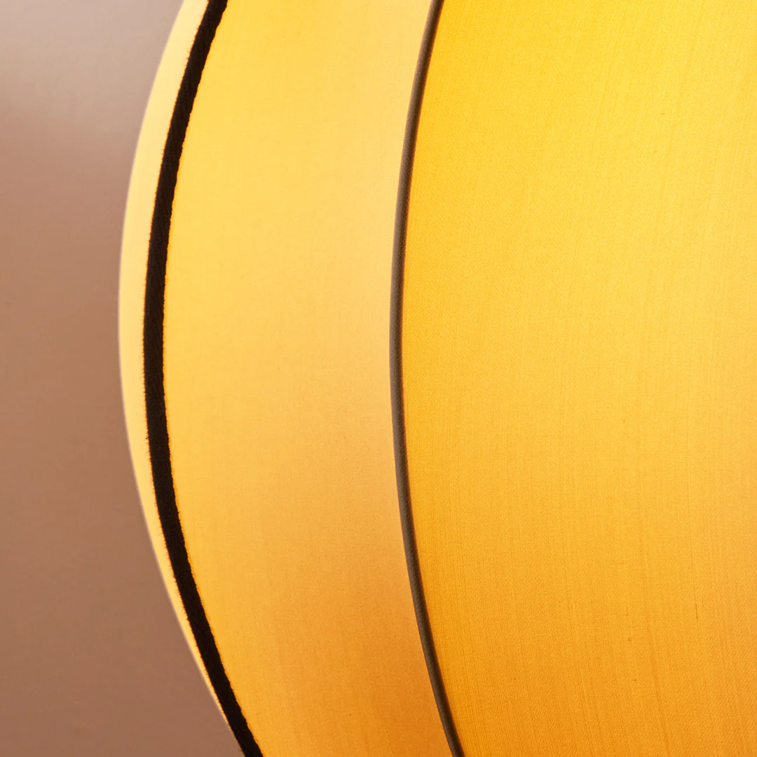 Classic round space pendant shade in taupe silk with black tape - Image 9
