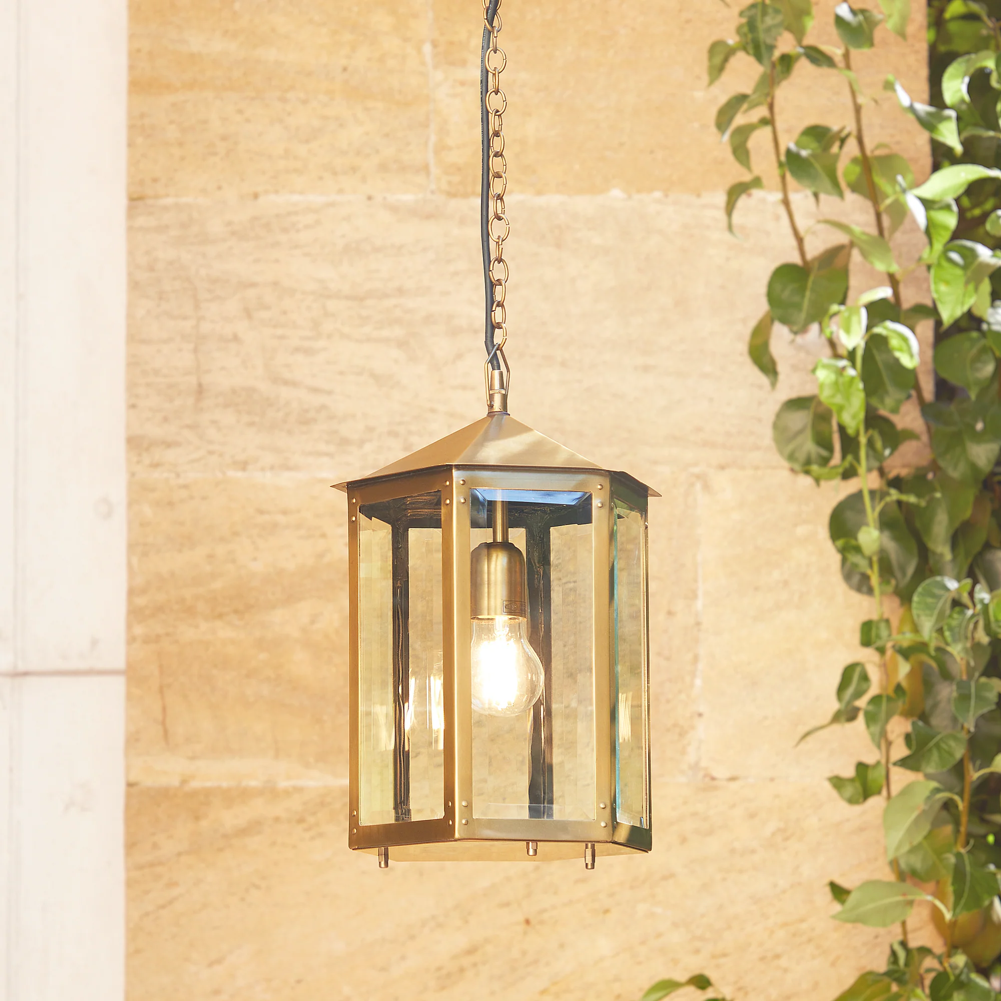 Cromer IP44 exterior hanging lantern in antique brass - Image 2