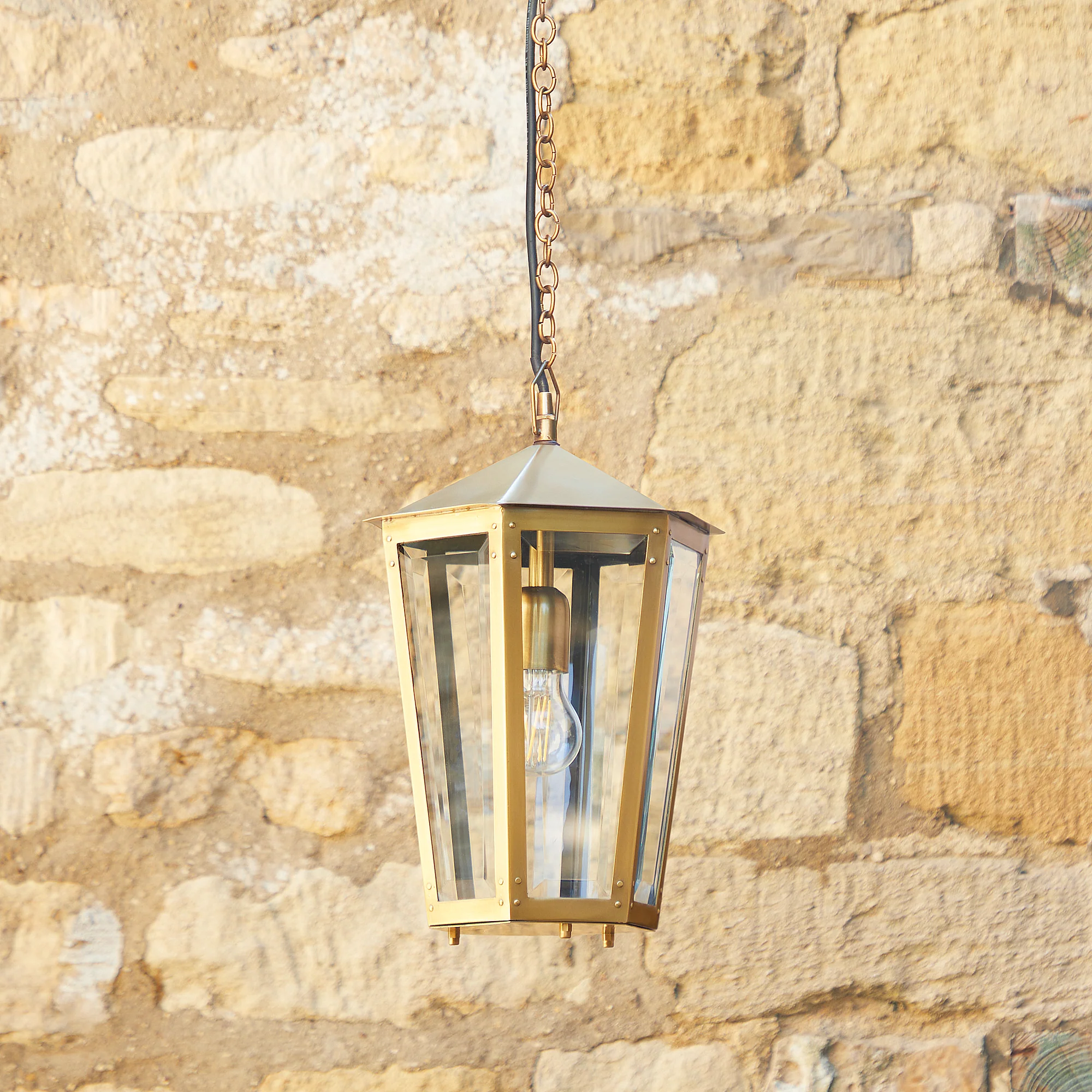 Holt IP44 exterior hanging lantern in antique brass