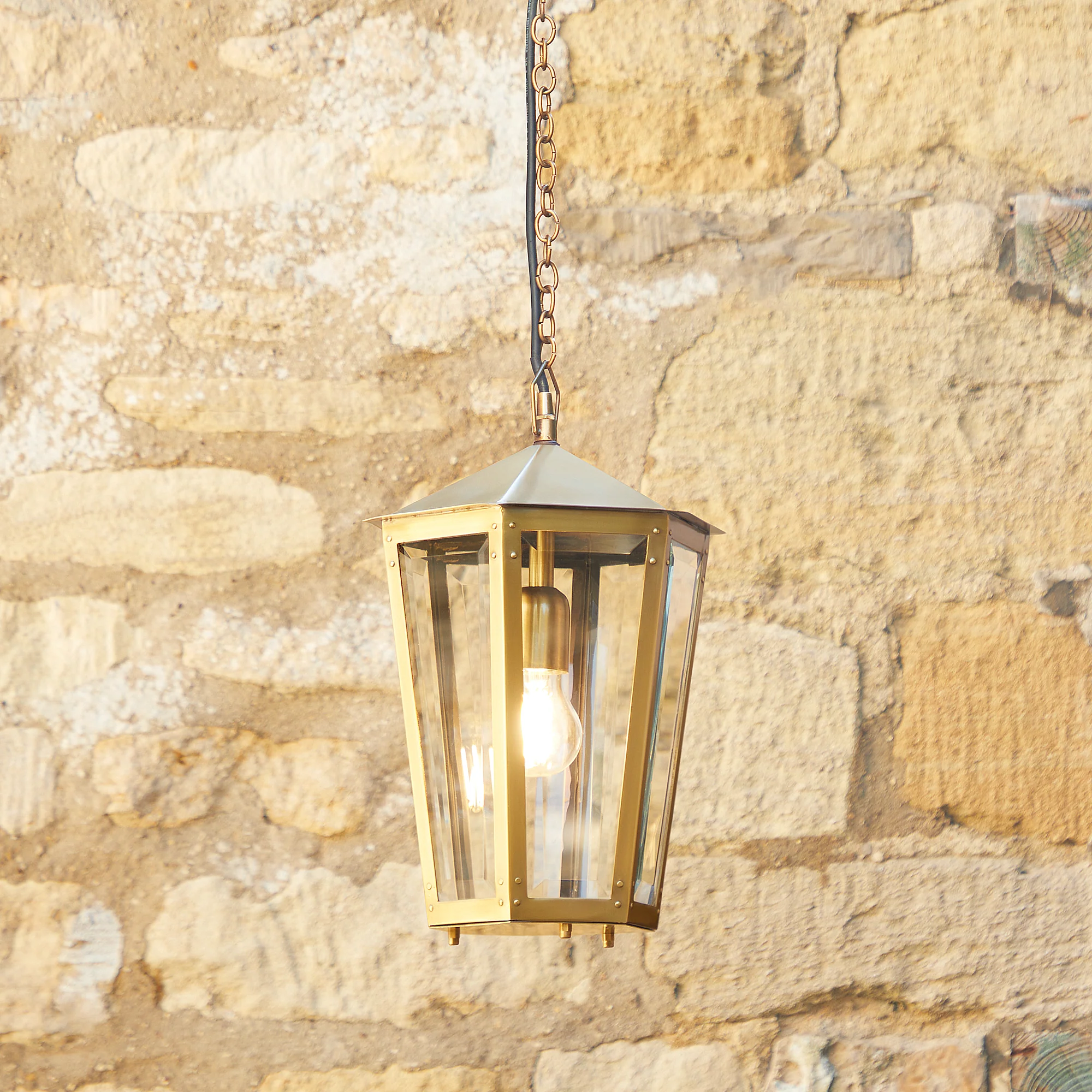 Holt IP44 exterior hanging lantern in antique brass - Image 2