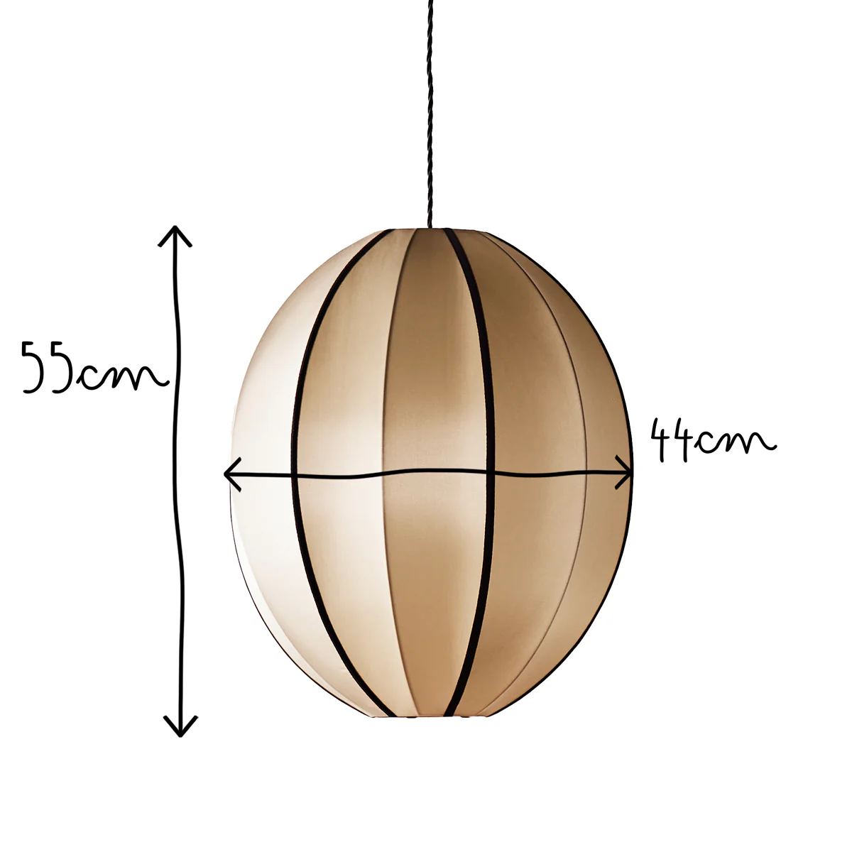 Large classic oval space pendant shade in taupe silk with black tape - Image 12