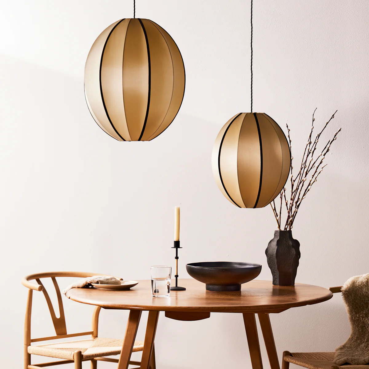 Large classic oval space pendant shade in taupe silk with black tape - Image 2