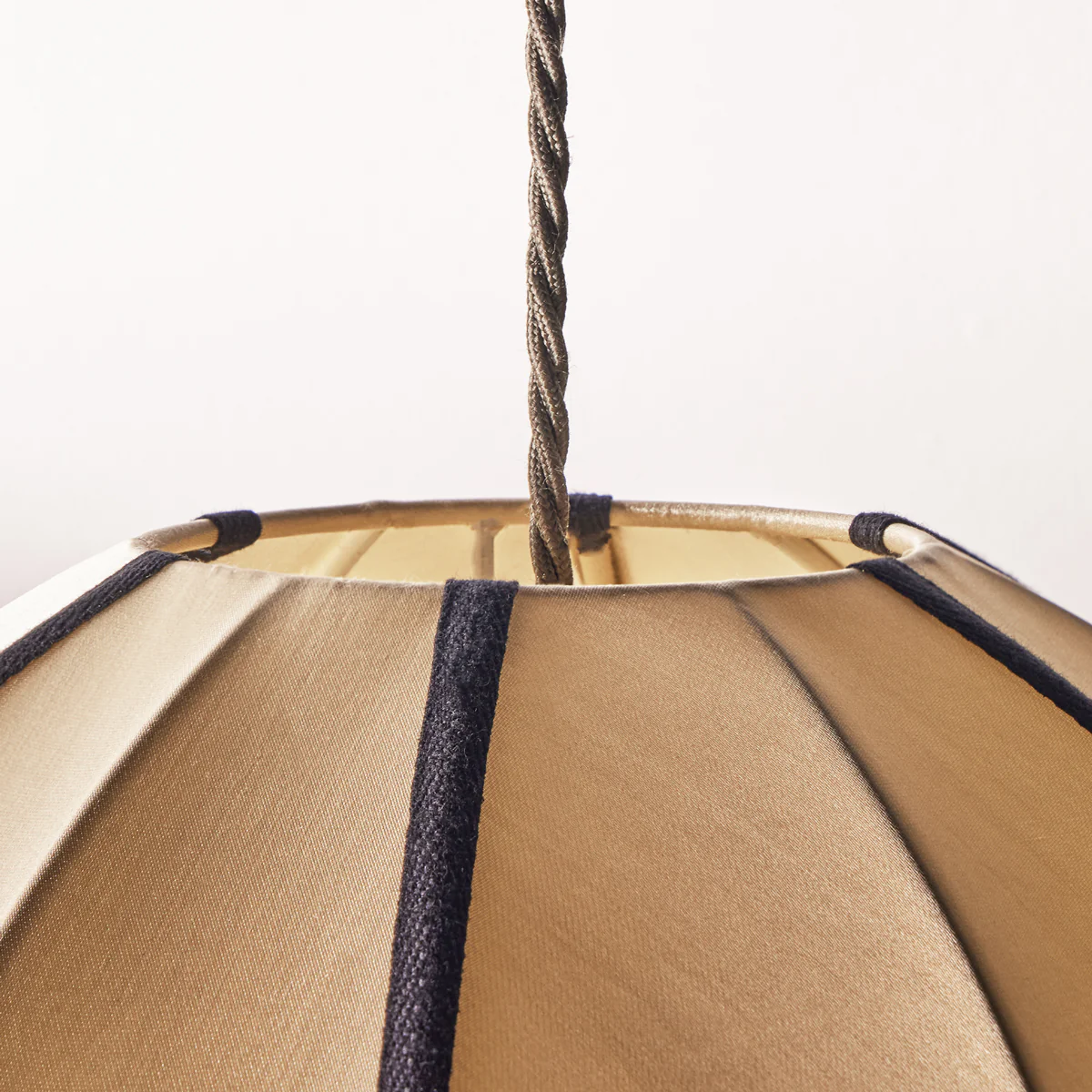 Large classic oval space pendant shade in taupe silk with black tape - Image 4
