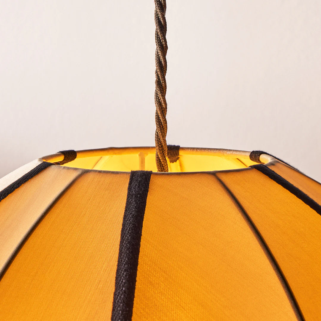 Large classic oval space pendant shade in taupe silk with black tape - Image 5