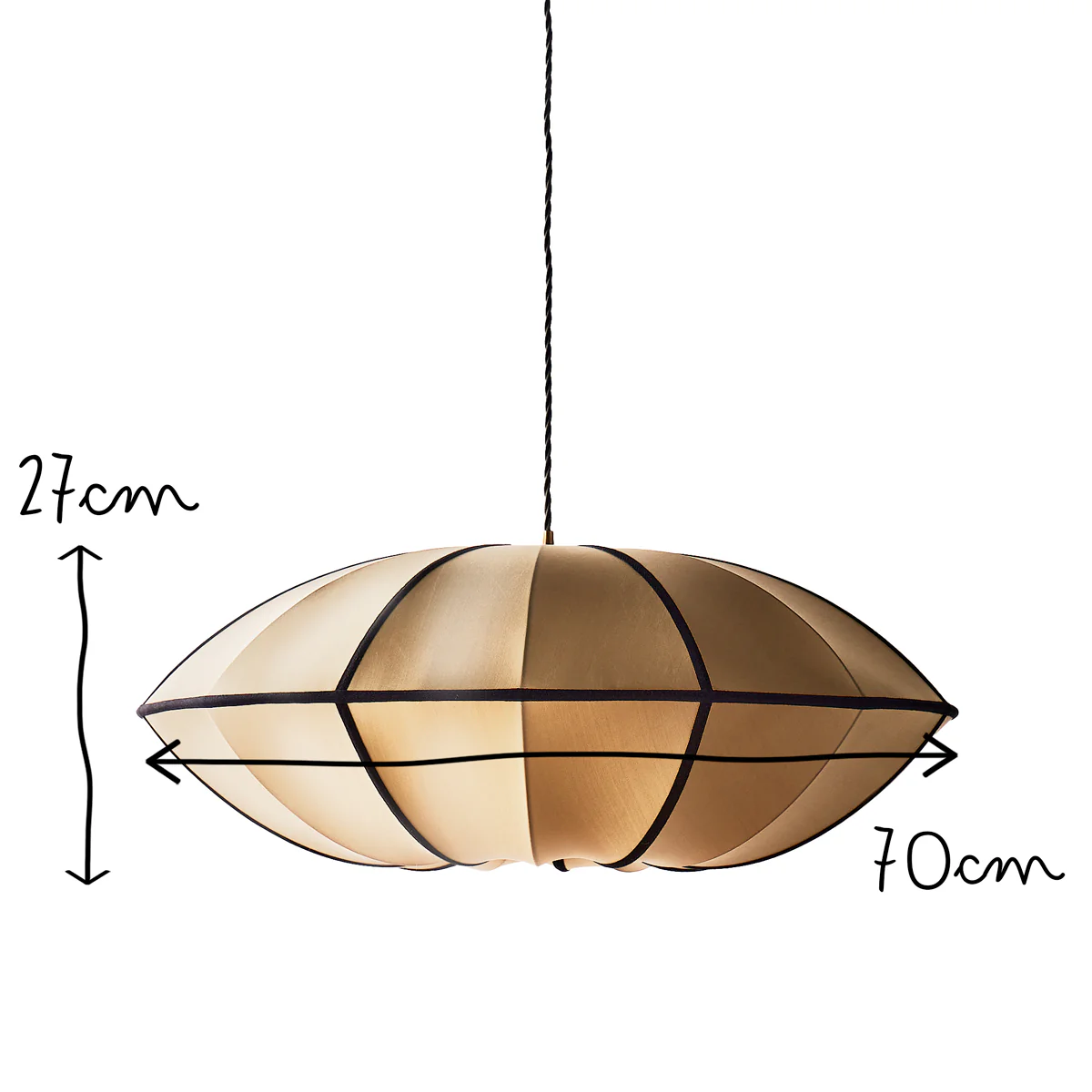 Large UFO pendant shade in taupe silk with black tape - Image 12