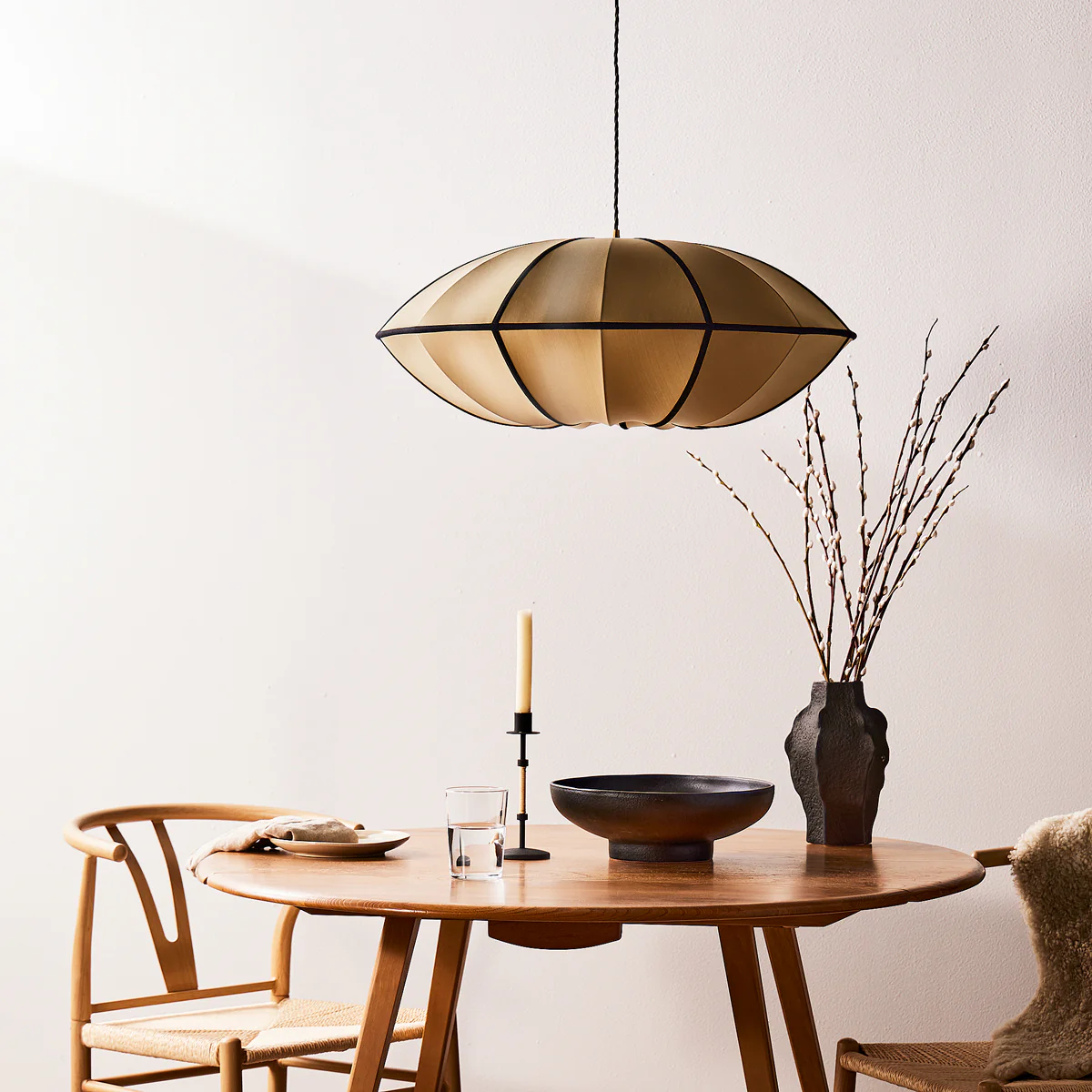 Large UFO pendant shade in taupe silk with black tape - Image 2