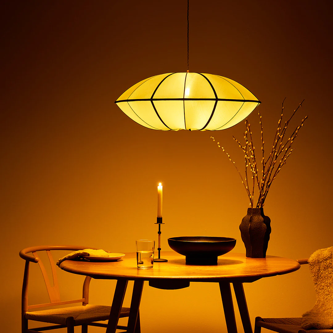 Large UFO pendant shade in taupe silk with black tape - Image 3
