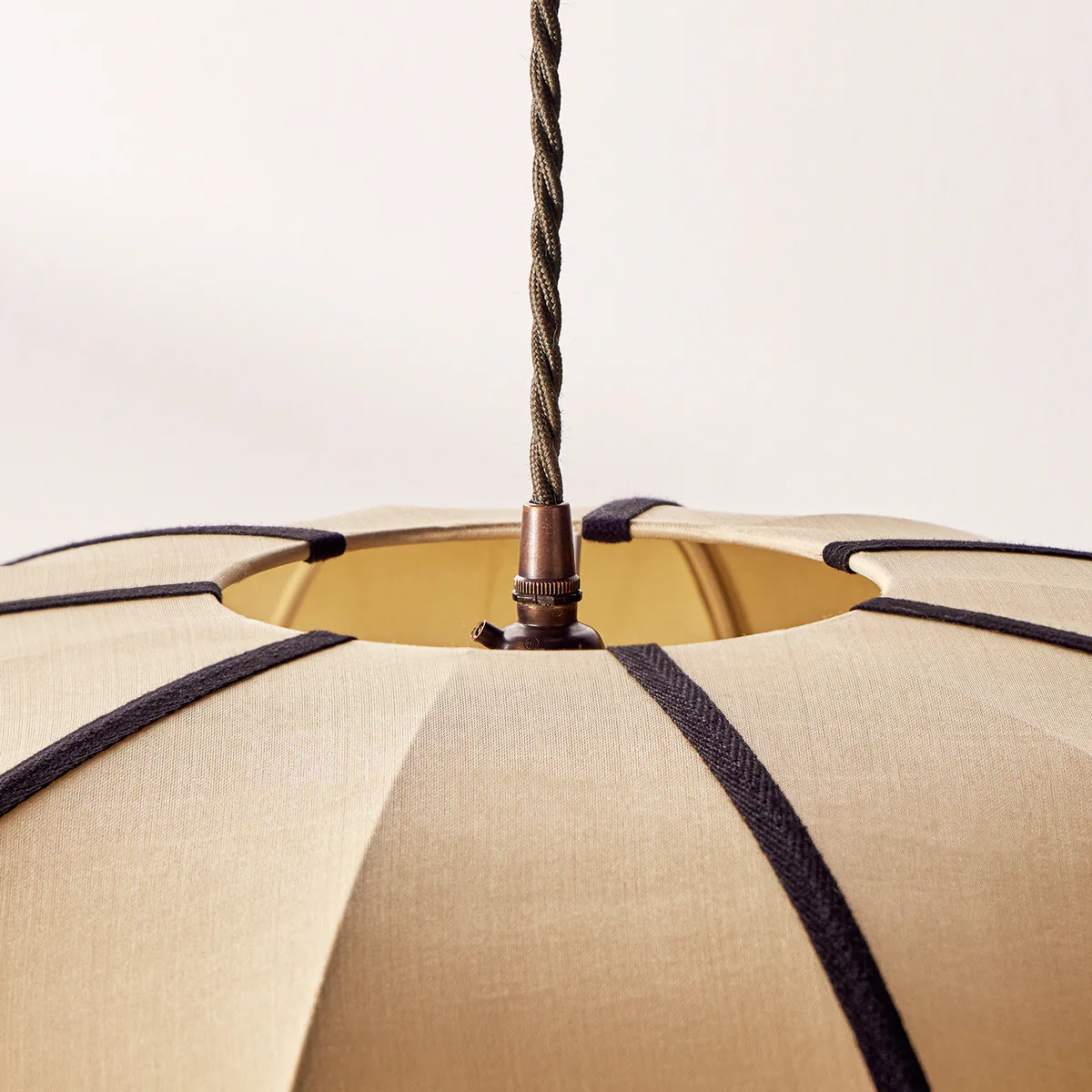 Large UFO pendant shade in taupe silk with black tape - Image 4