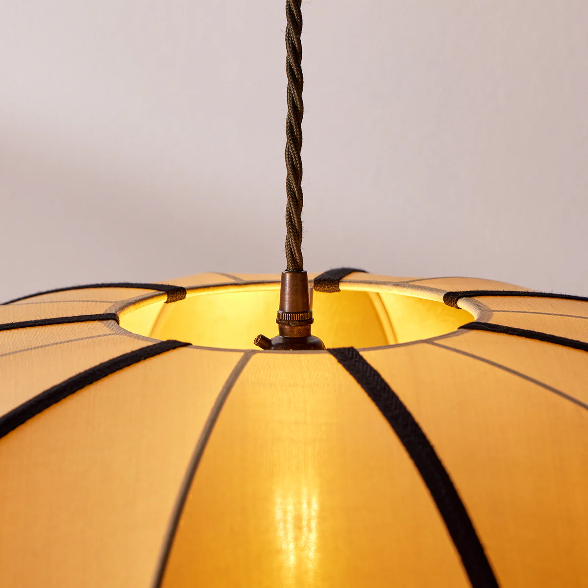 Large UFO pendant shade in taupe silk with black tape - Image 5