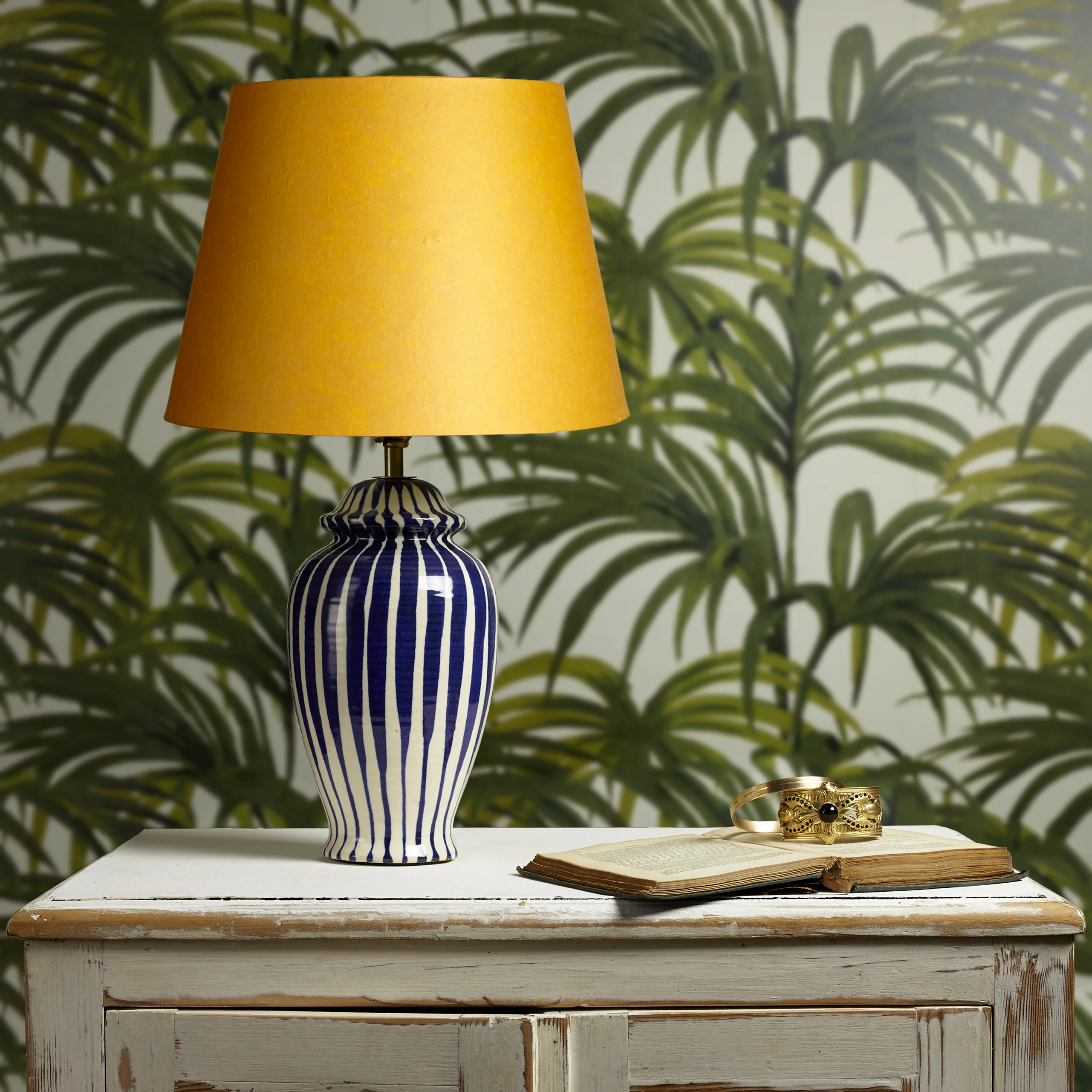 Smaller Lottie bedside lamp in a cobalt blue and stone glaze - Image 5