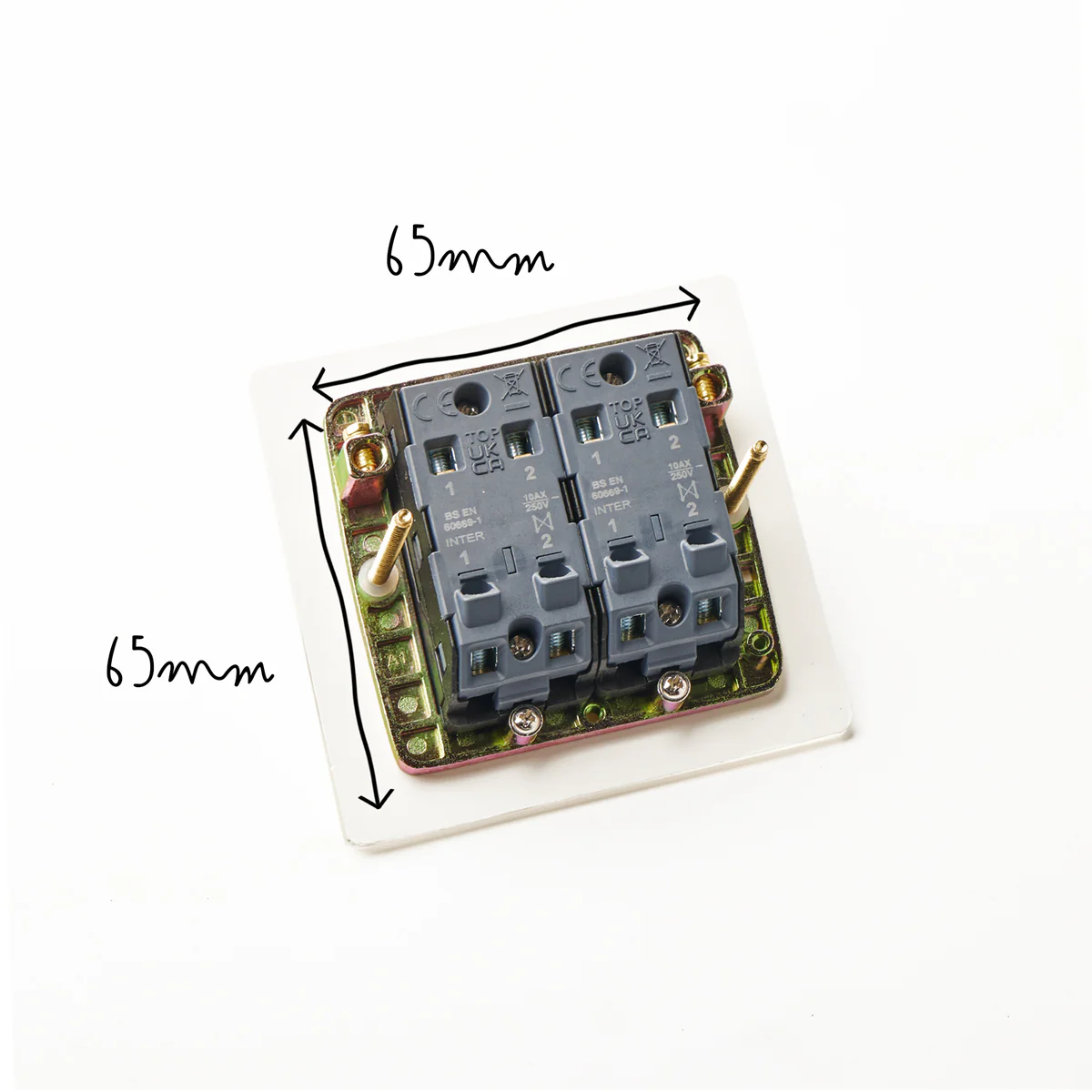 Lucian perspex two gang intermediate toggle switch in clear perspex and aged brass - Image 5