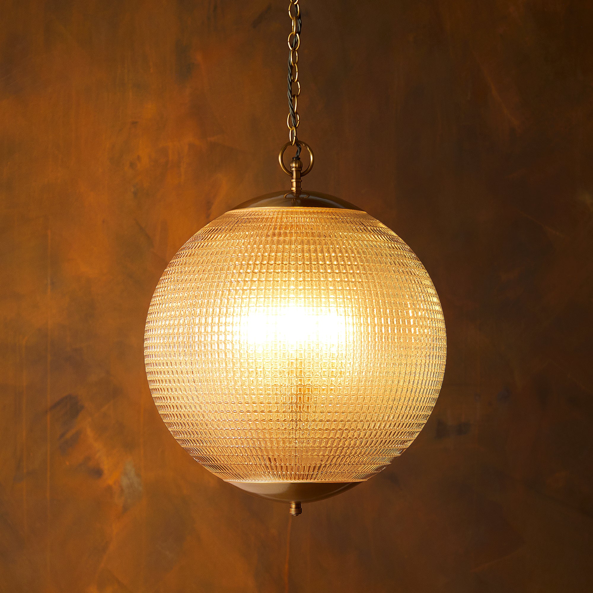 Regular holophane pendant light with clear glass and brass fitting - Image 2