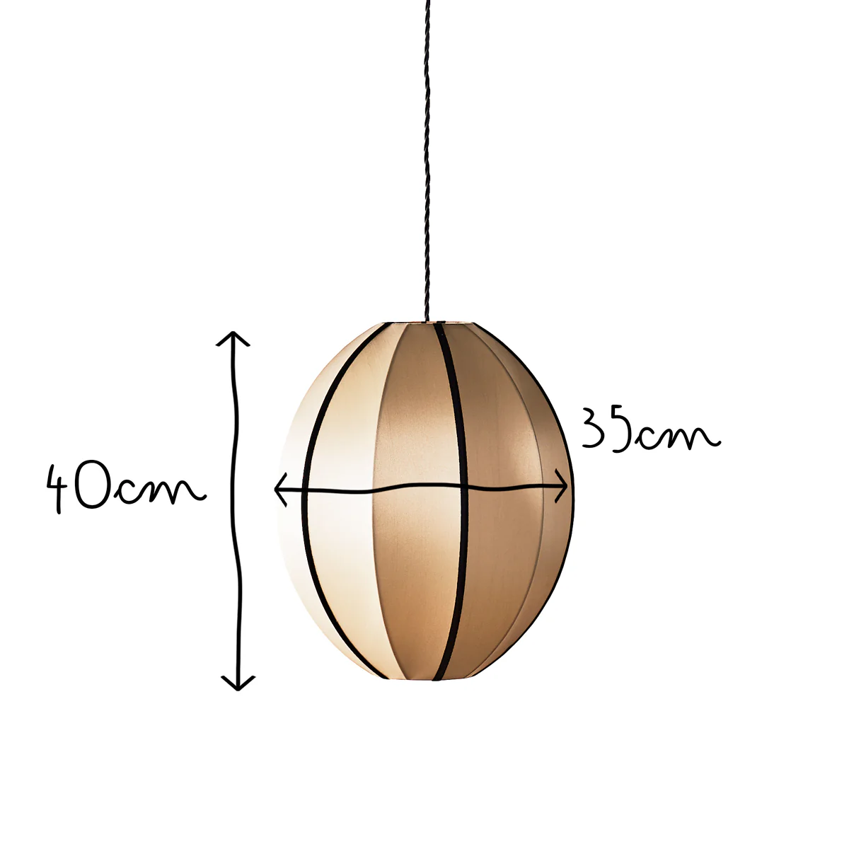 Small classic oval space pendant shade in taupe silk with black tape - Image 12