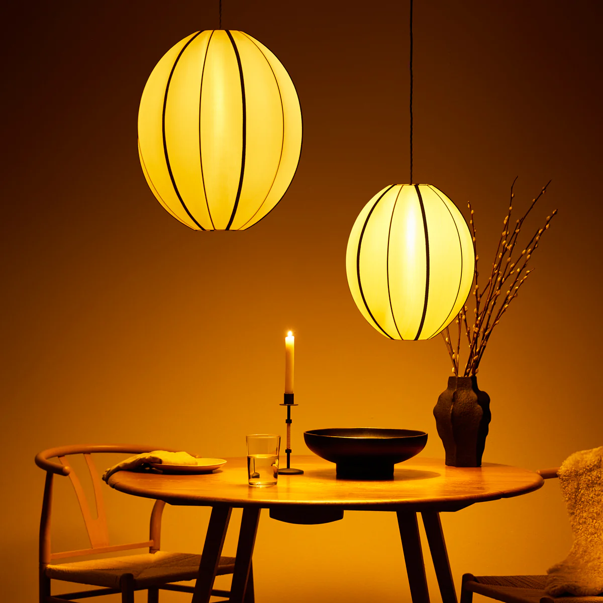 Small classic oval space pendant shade in taupe silk with black tape - Image 3