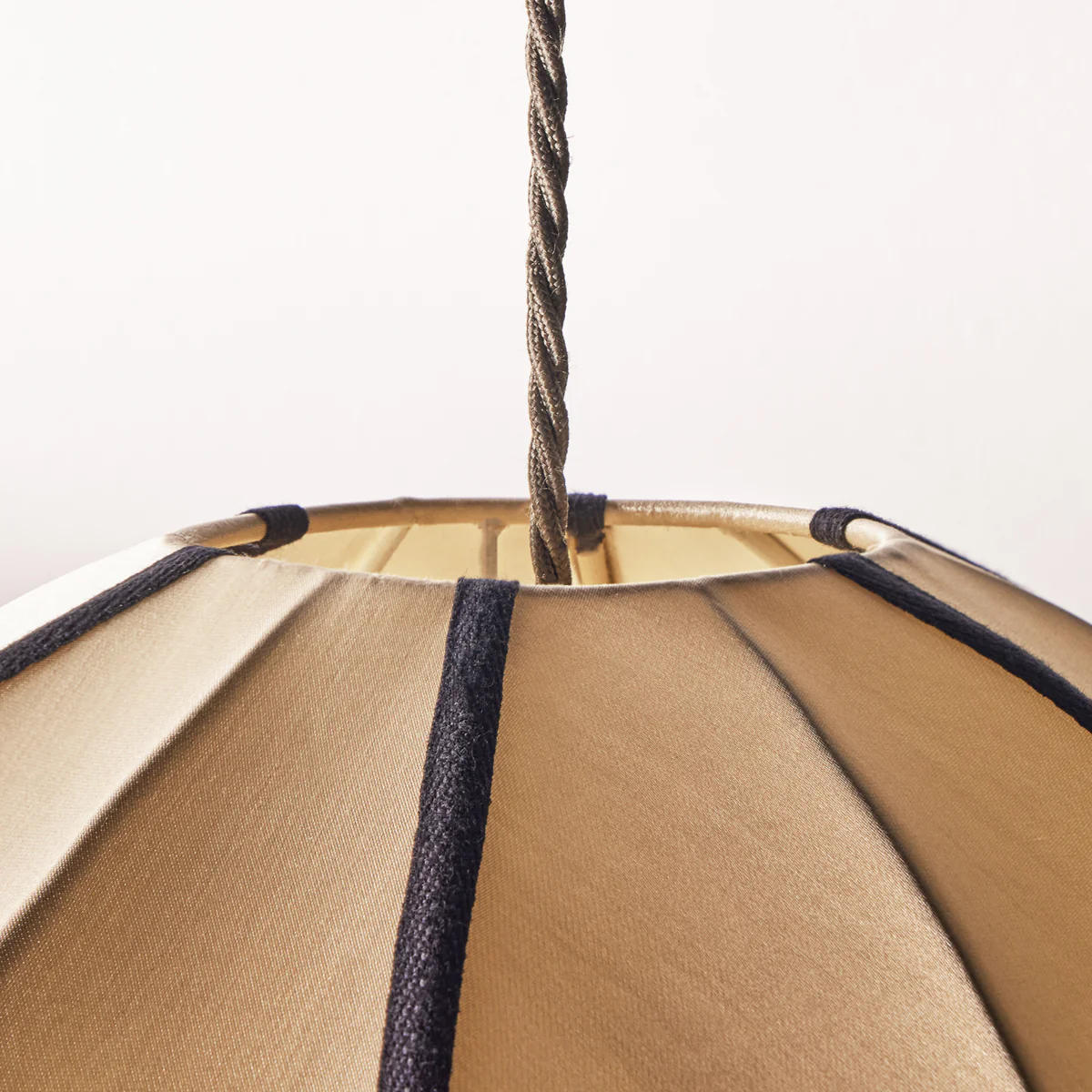 Small classic oval space pendant shade in taupe silk with black tape - Image 4