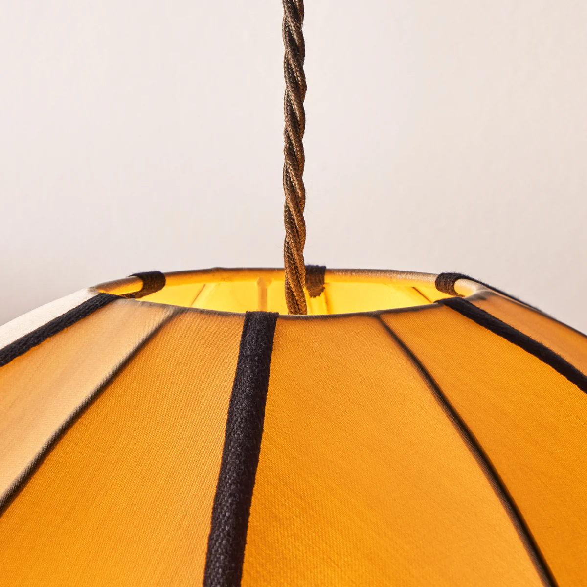Small classic oval space pendant shade in taupe silk with black tape - Image 5
