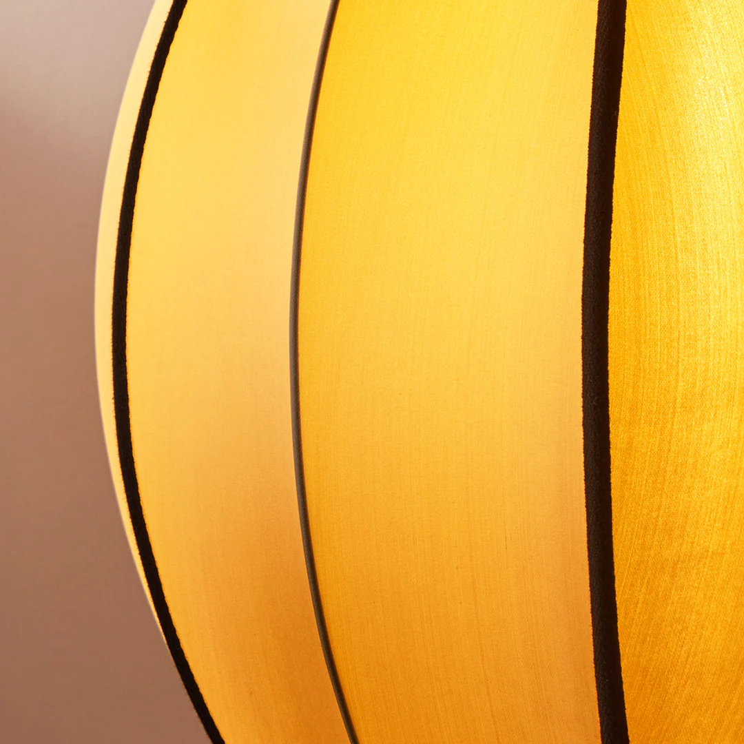 Small classic oval space pendant shade in taupe silk with black tape - Image 9