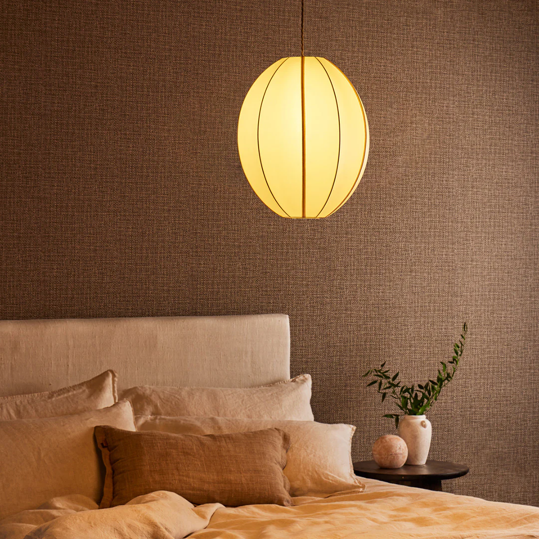 Small classic oval space pendant shade in white silk with white tape - Image 3