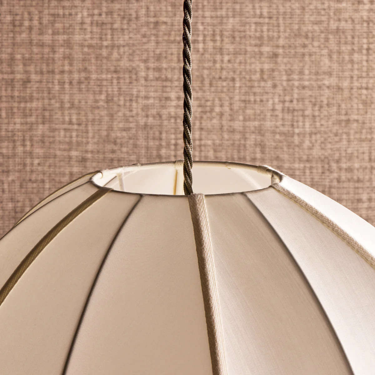 Small classic oval space pendant shade in white silk with white tape - Image 4